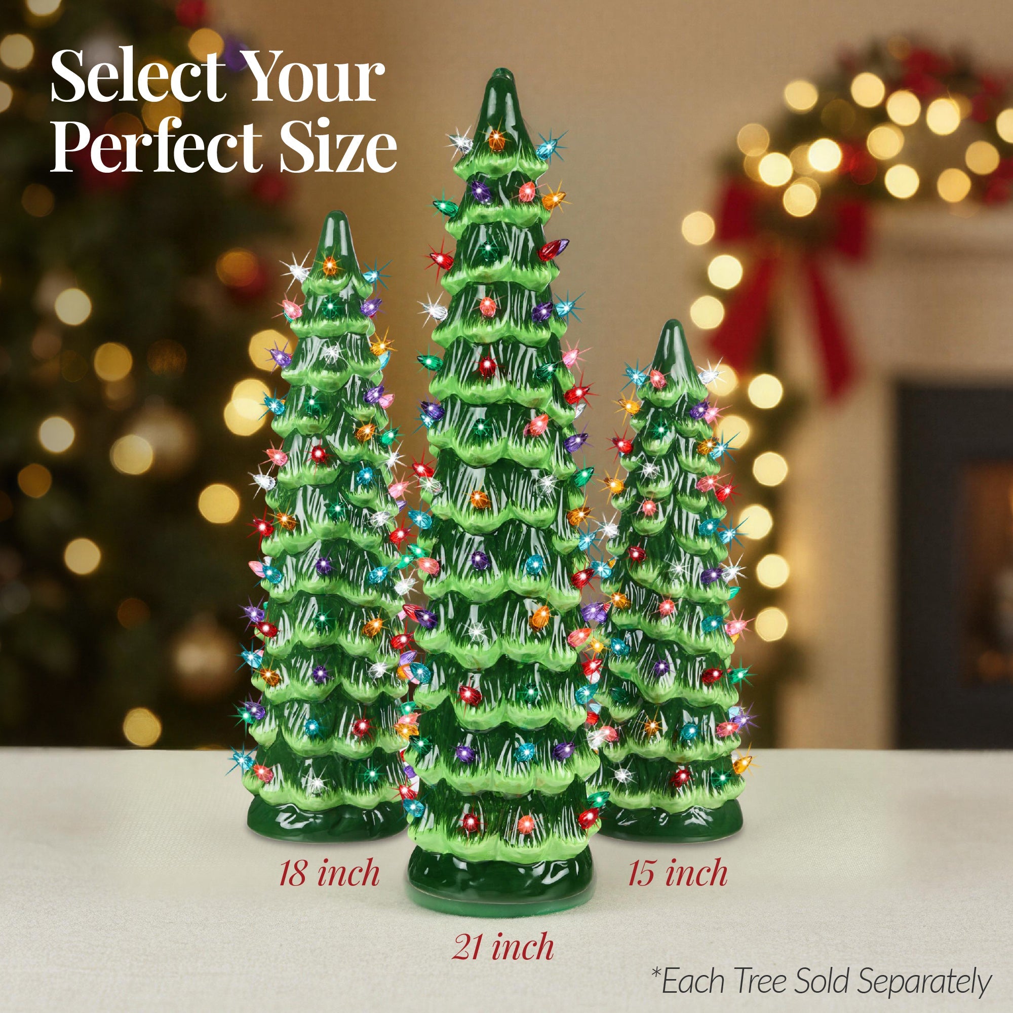 15in Ceramic Christmas Tree, Hand-Painted Holiday Decor w/ LED Lights