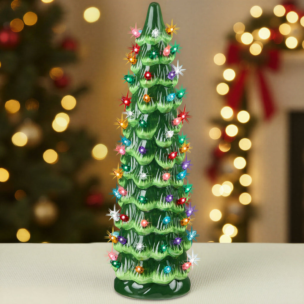 21in Ceramic Christmas Tree, Hand-Painted Holiday Decor w/ LED Lights