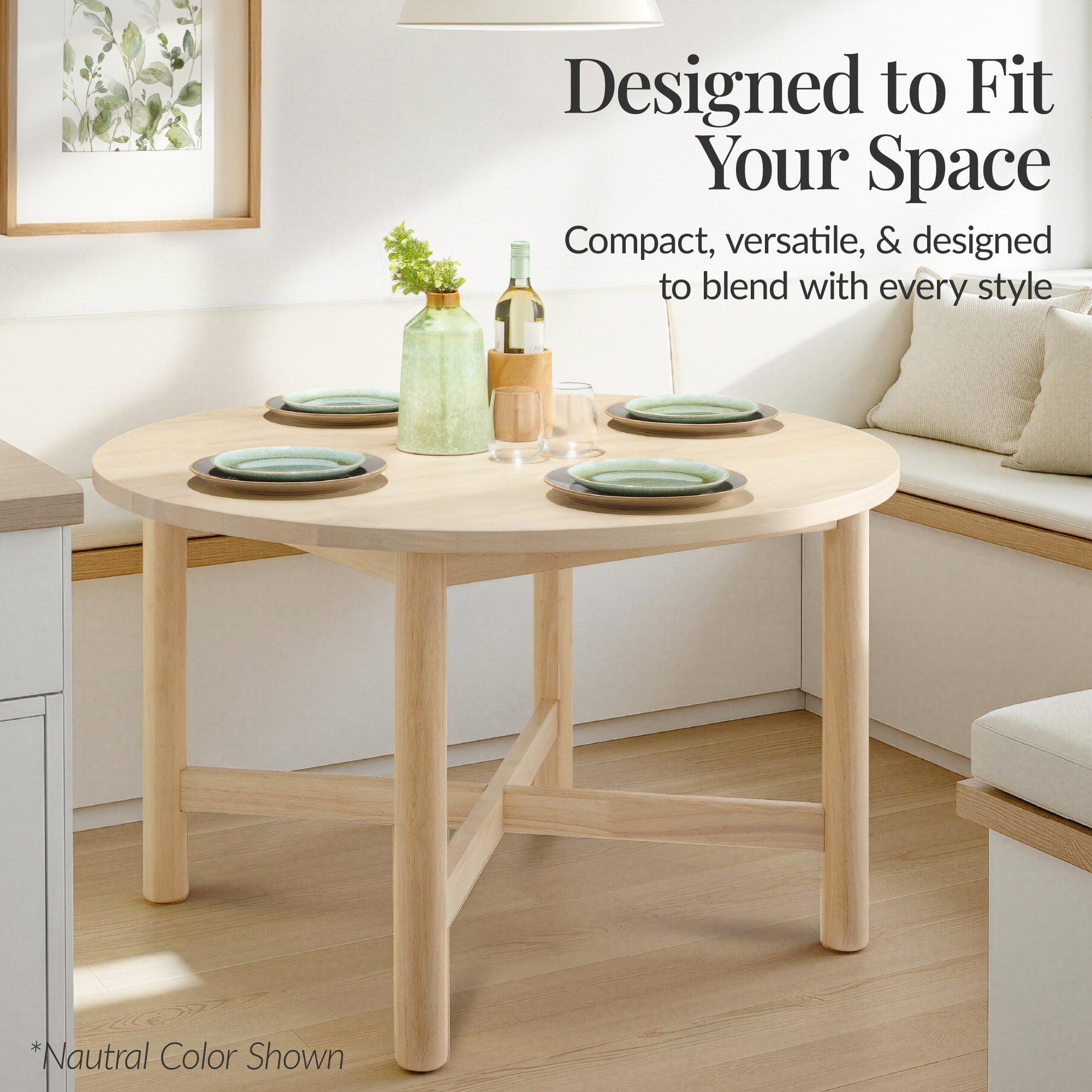 47In Round Solid Wood Dining Table, Modern Farmhouse Table For 4, Space Saving, Easy Assembly