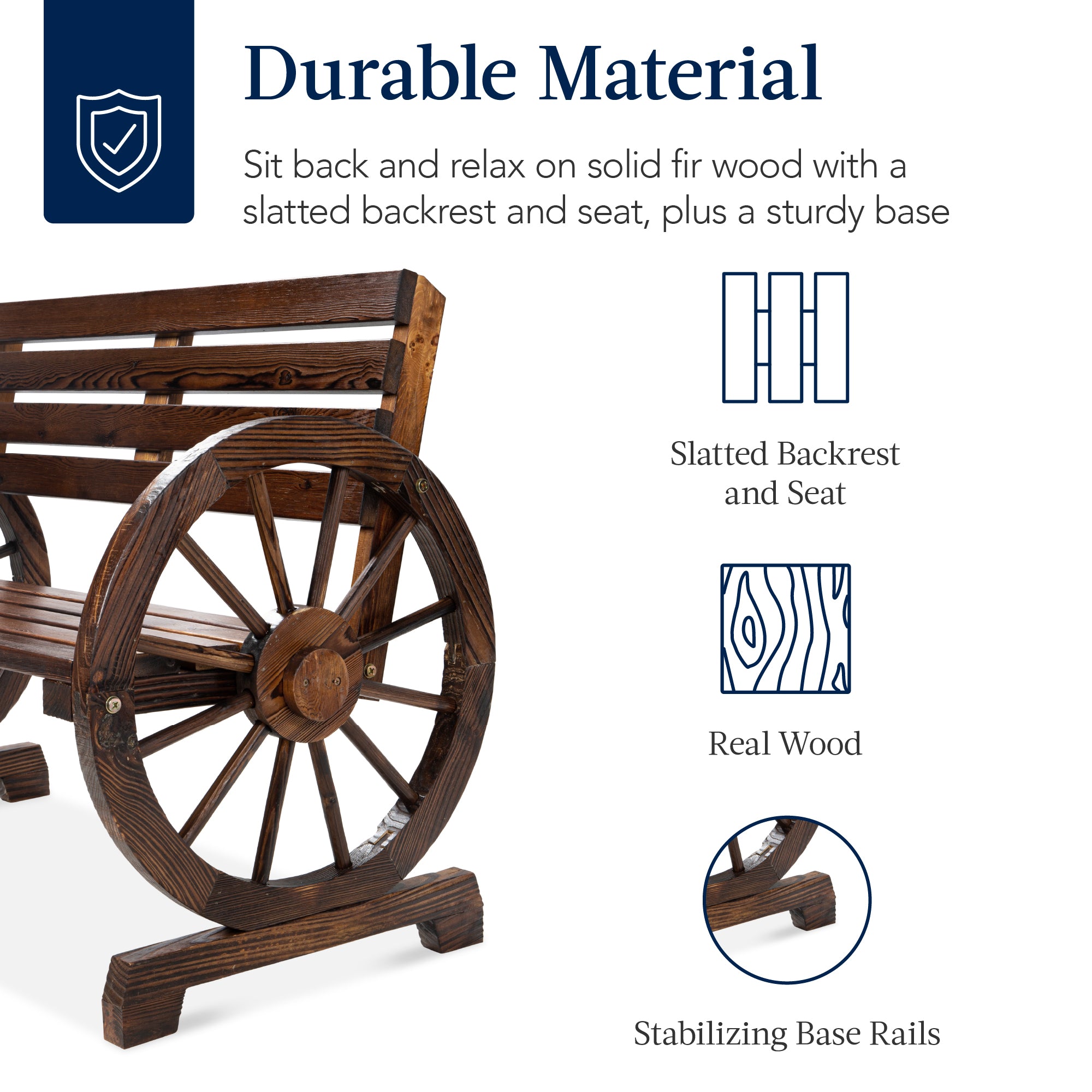 2-Person Rustic Wooden Wagon Wheel Bench w/ Slatted Seat and Backrest