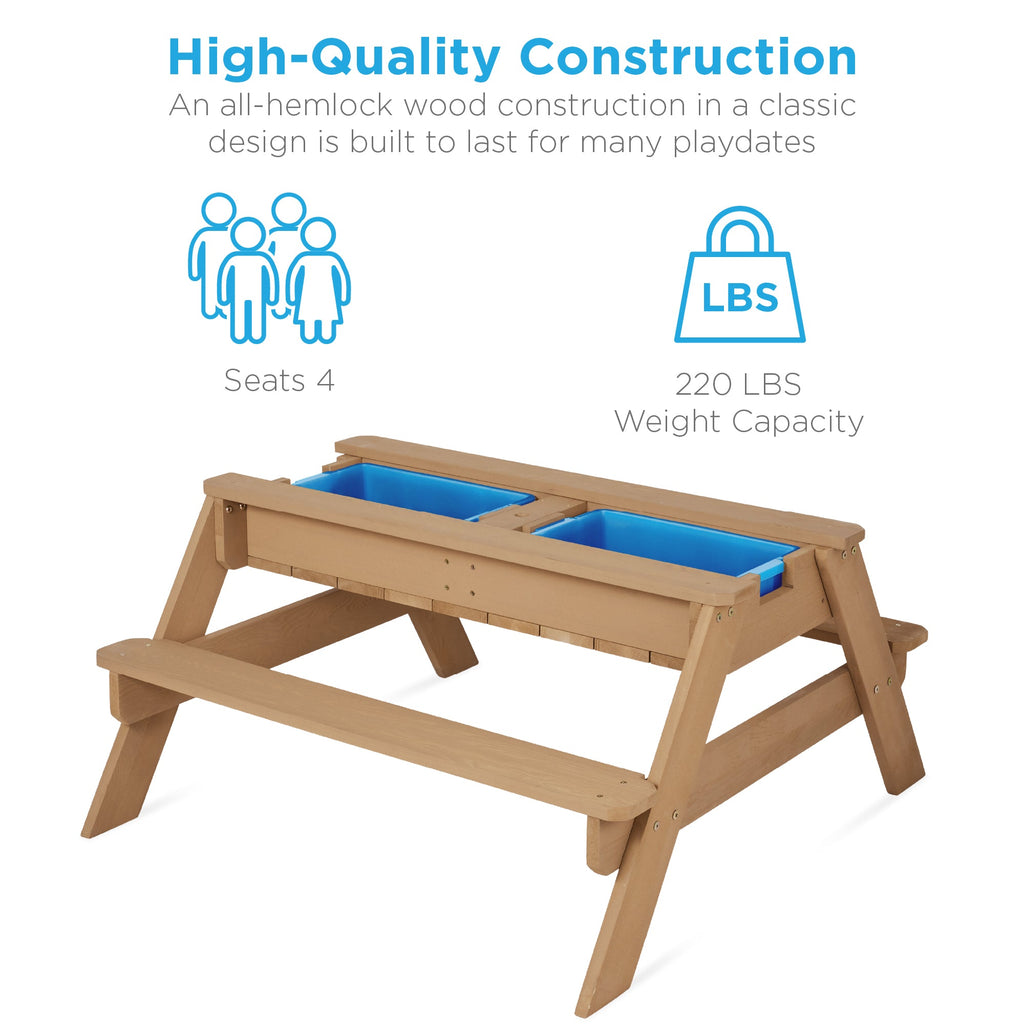 3-in-1 Kids Sand & Water Table Outdoor Wood Picnic Table w/ Umbrella
