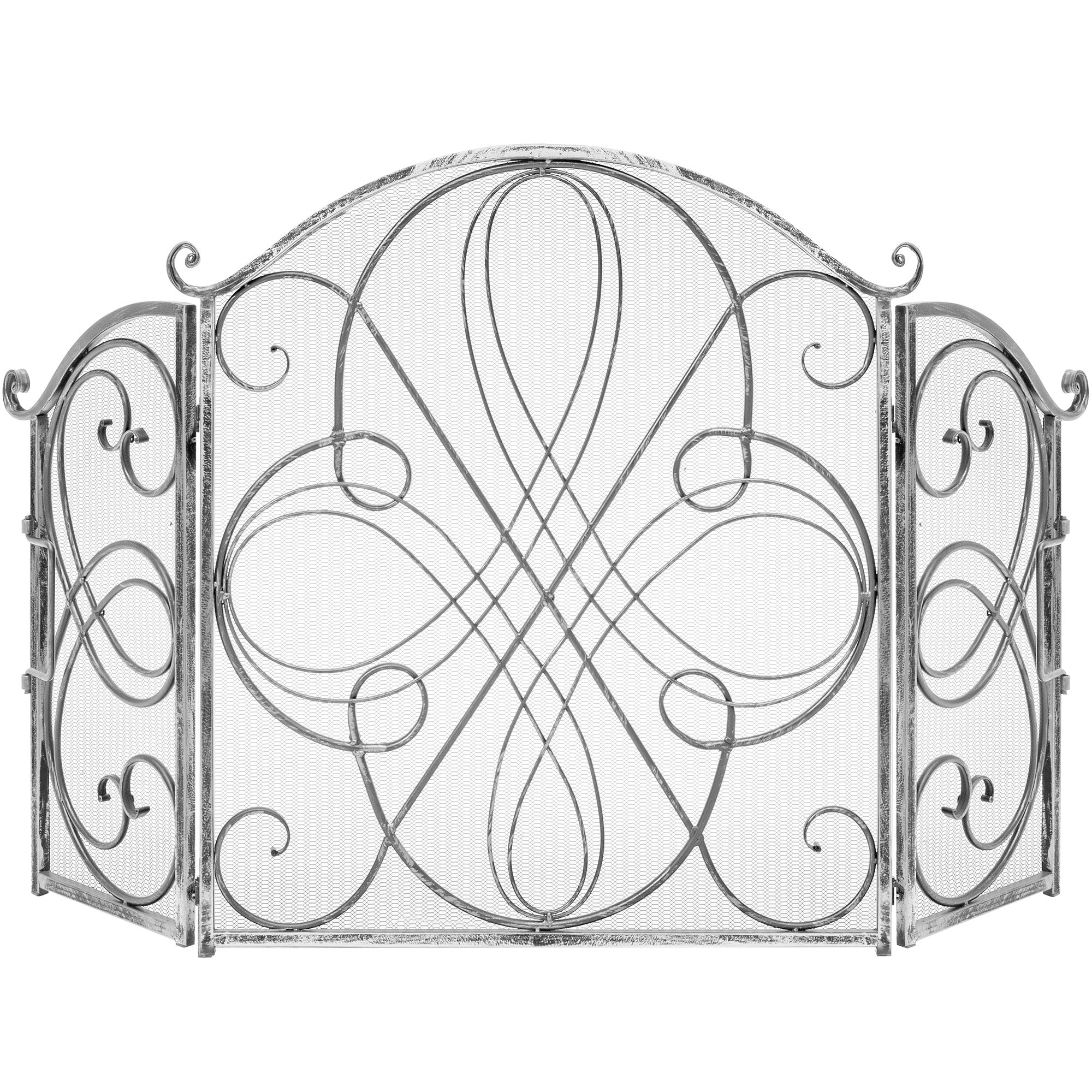 3-Panel Wrought Iron Metal Fireplace Screen Cover w/ Scroll Design - 55x33in