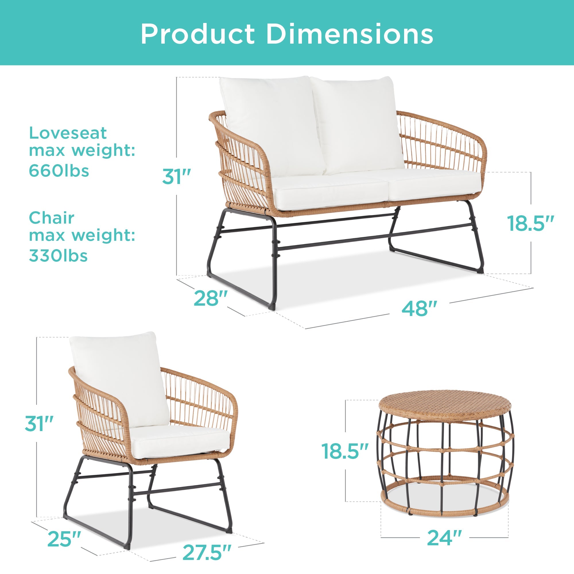 4-Piece Rope Wicker Outdoor Conversation Set w/ Cushions, Table