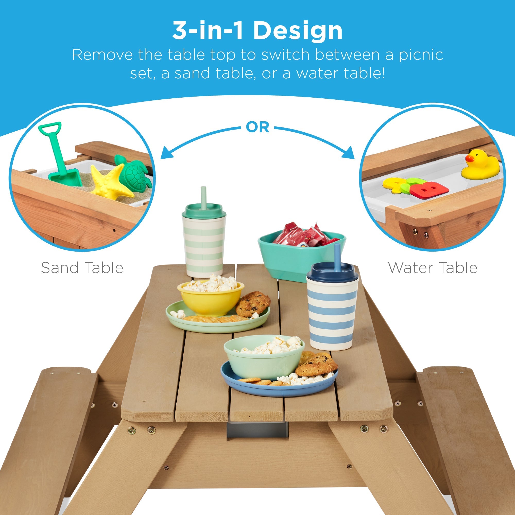 3-in-1 Kids Sand & Water Table Outdoor Wood Picnic Table w/ Umbrella
