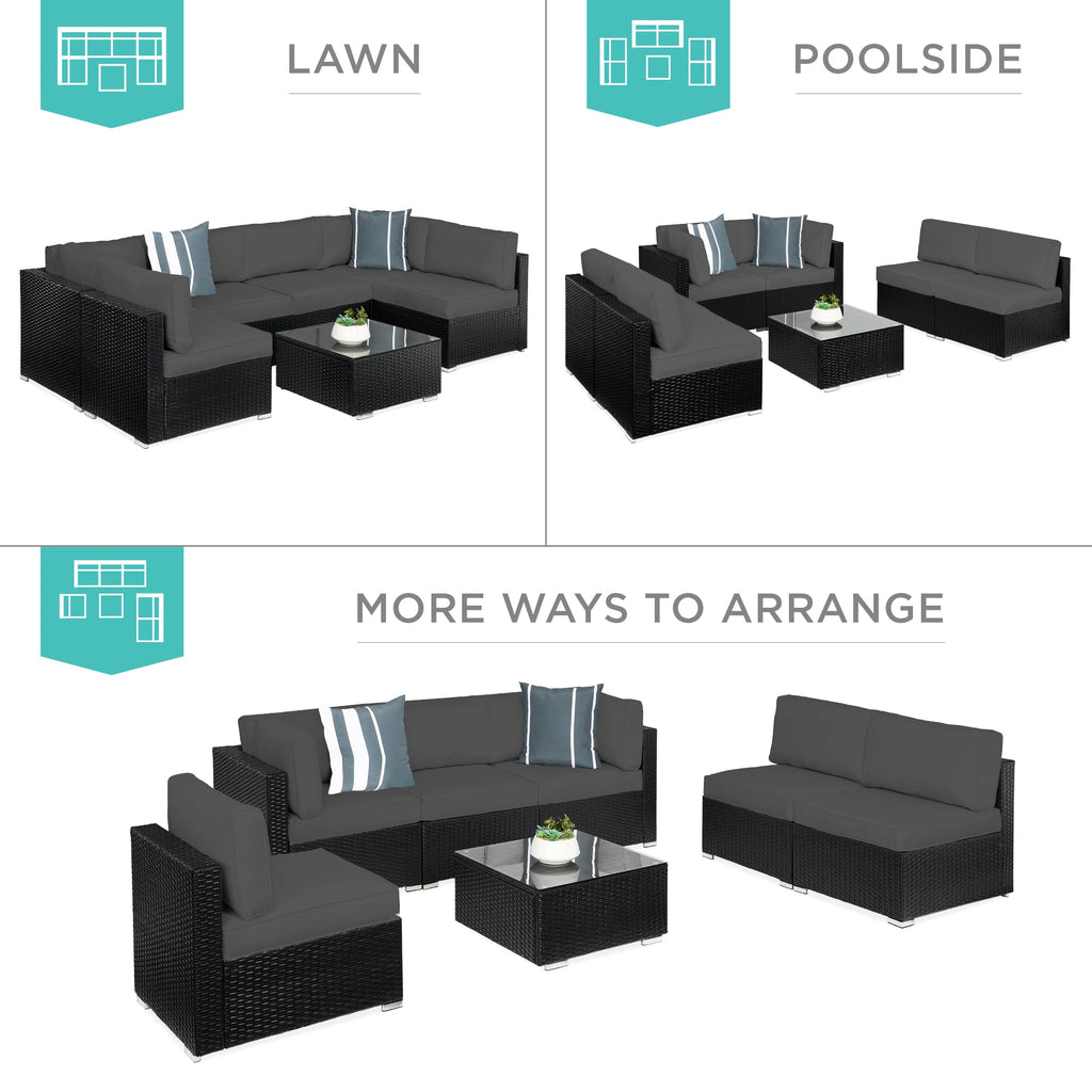 7-Piece Modular Wicker Sectional Conversation Set w/ 2 Pillows, Cover
