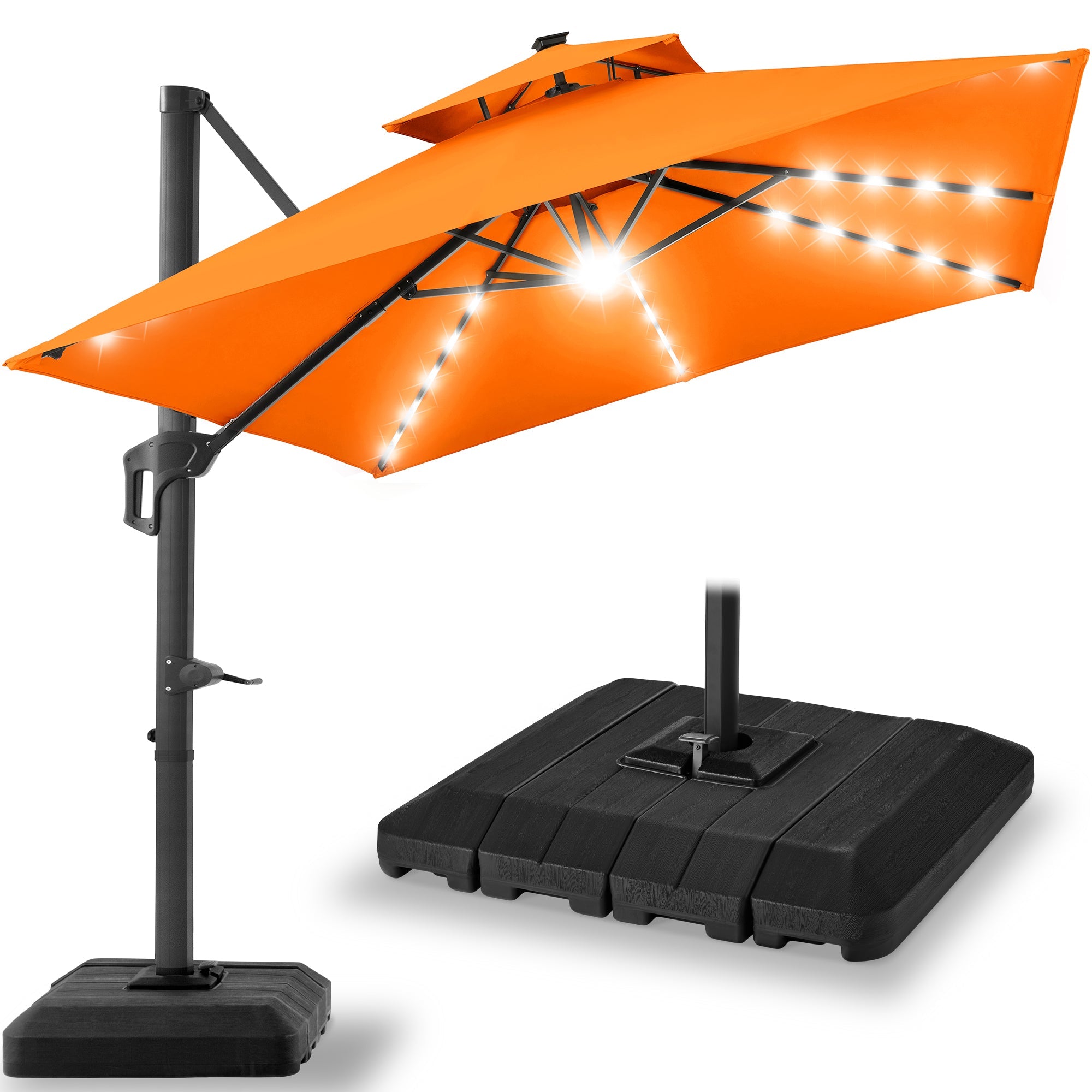 2-Tier Square LED Cantilever Offset Umbrella w/ 360 Rotation, Base - 10x10ft
