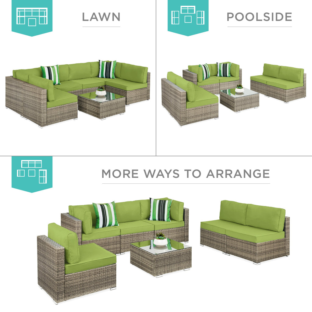 7-Piece Modular Wicker Sectional Conversation Set w/ 2 Pillows, Cover