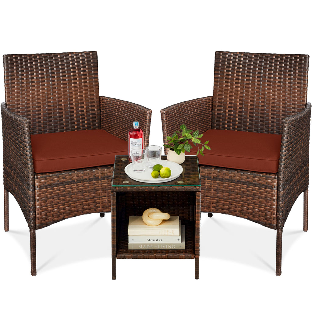 3-Piece Outdoor Patio Wicker Bistro Set w/ Side Storage Table