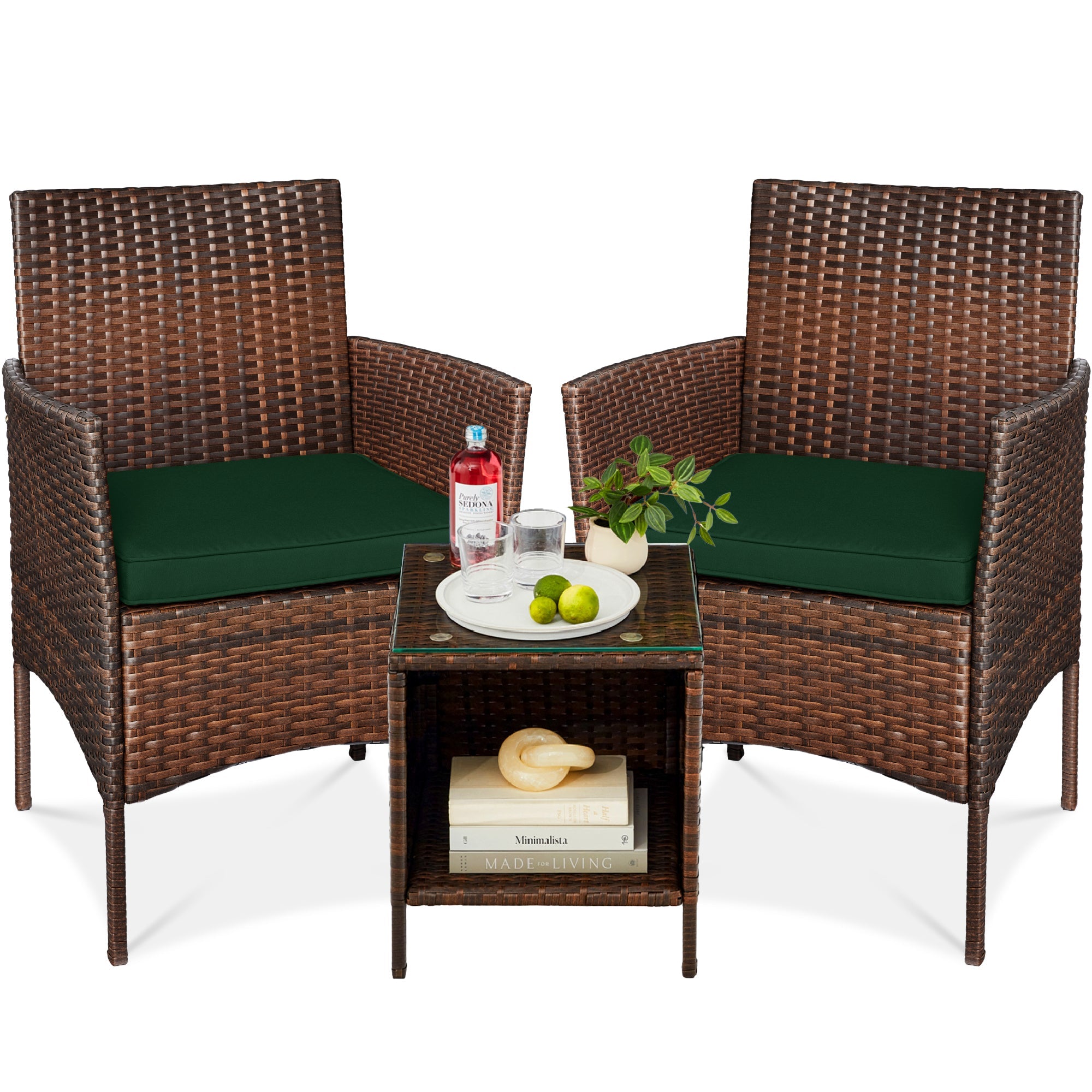 3-Piece Outdoor Patio Wicker Bistro Set w/ Side Storage Table
