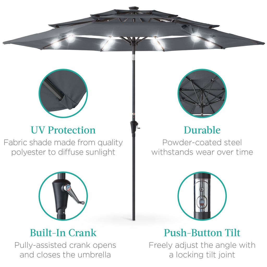 3-Tier Solar Patio Umbrella w/ LED Lights, Tilt Adjustment, Crank - 10ft