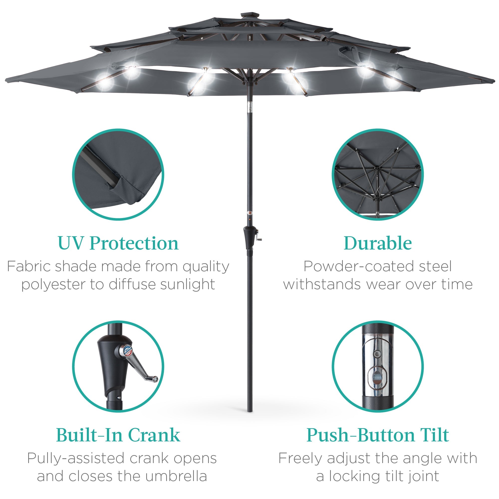 3-Tier Solar Patio Umbrella w/ LED Lights, Tilt Adjustment, Crank - 10ft