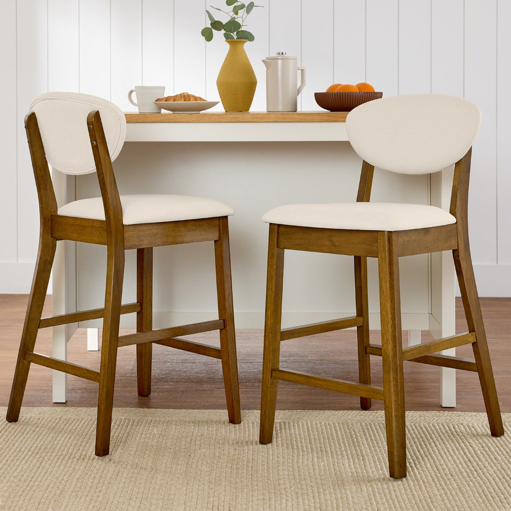 2-Piece Mid-Century Modern Wood & Upholstered Counter Height Bar Stool Set