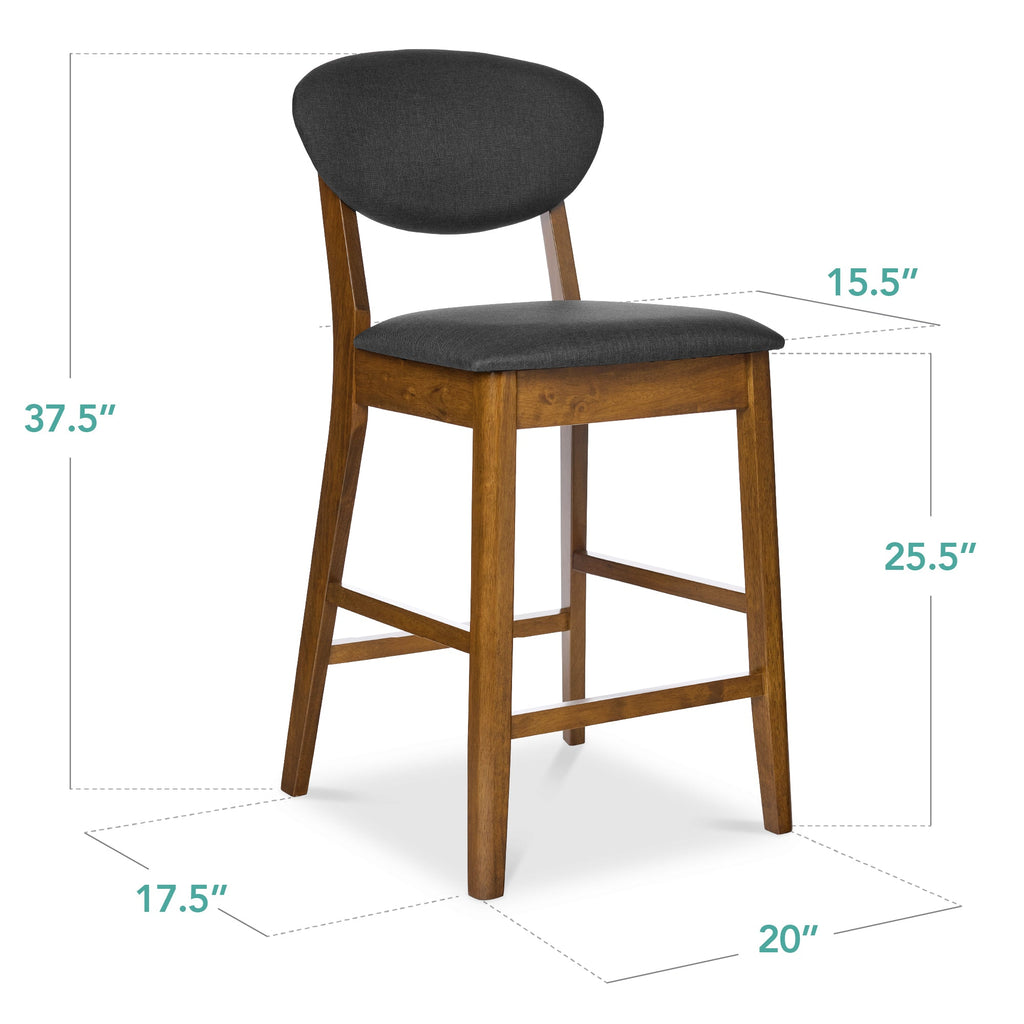 2-Piece Mid-Century Modern Wood & Upholstered Counter Height Bar Stool Set