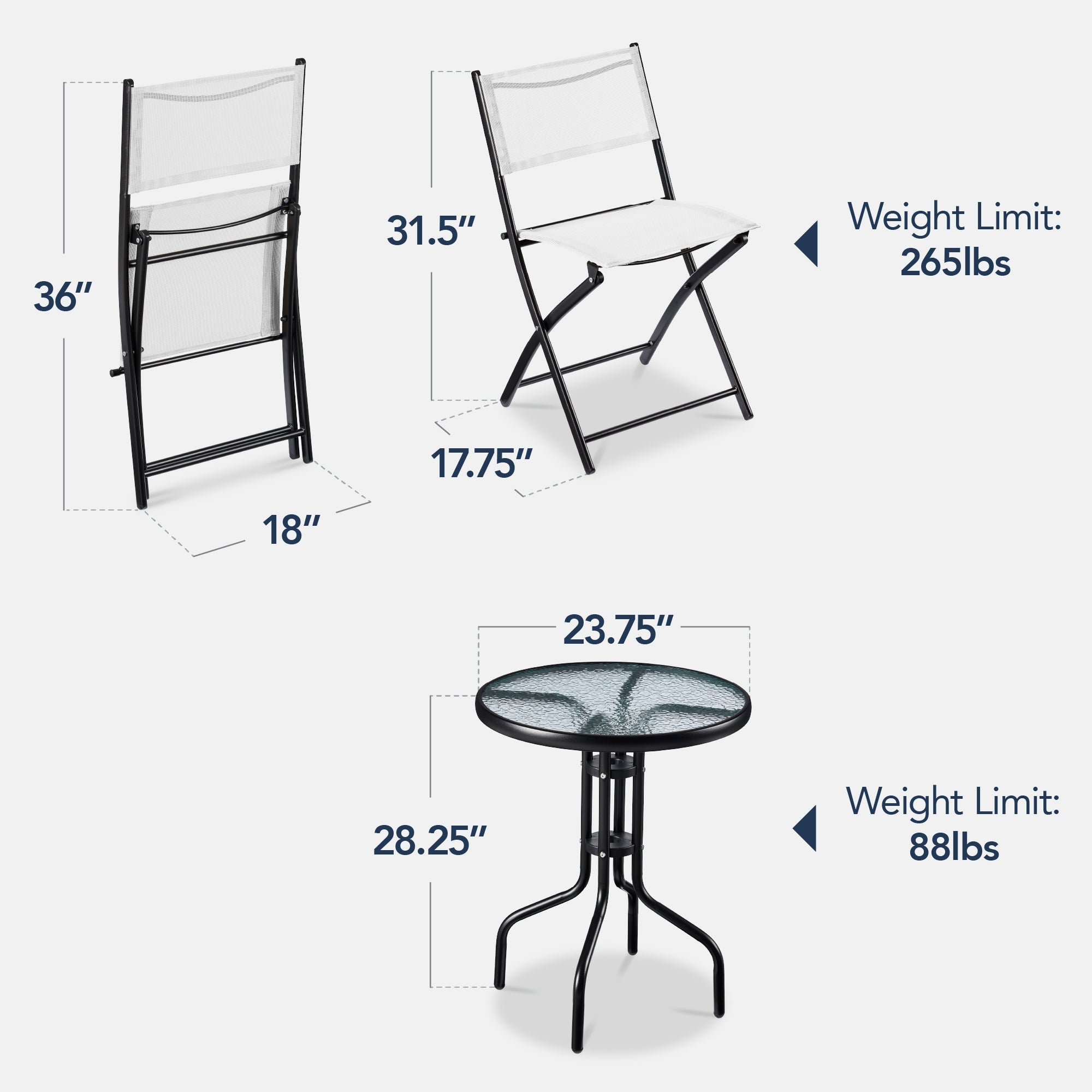 3-Piece Bistro Set w/ Glass Table, 2 Foldable Chairs