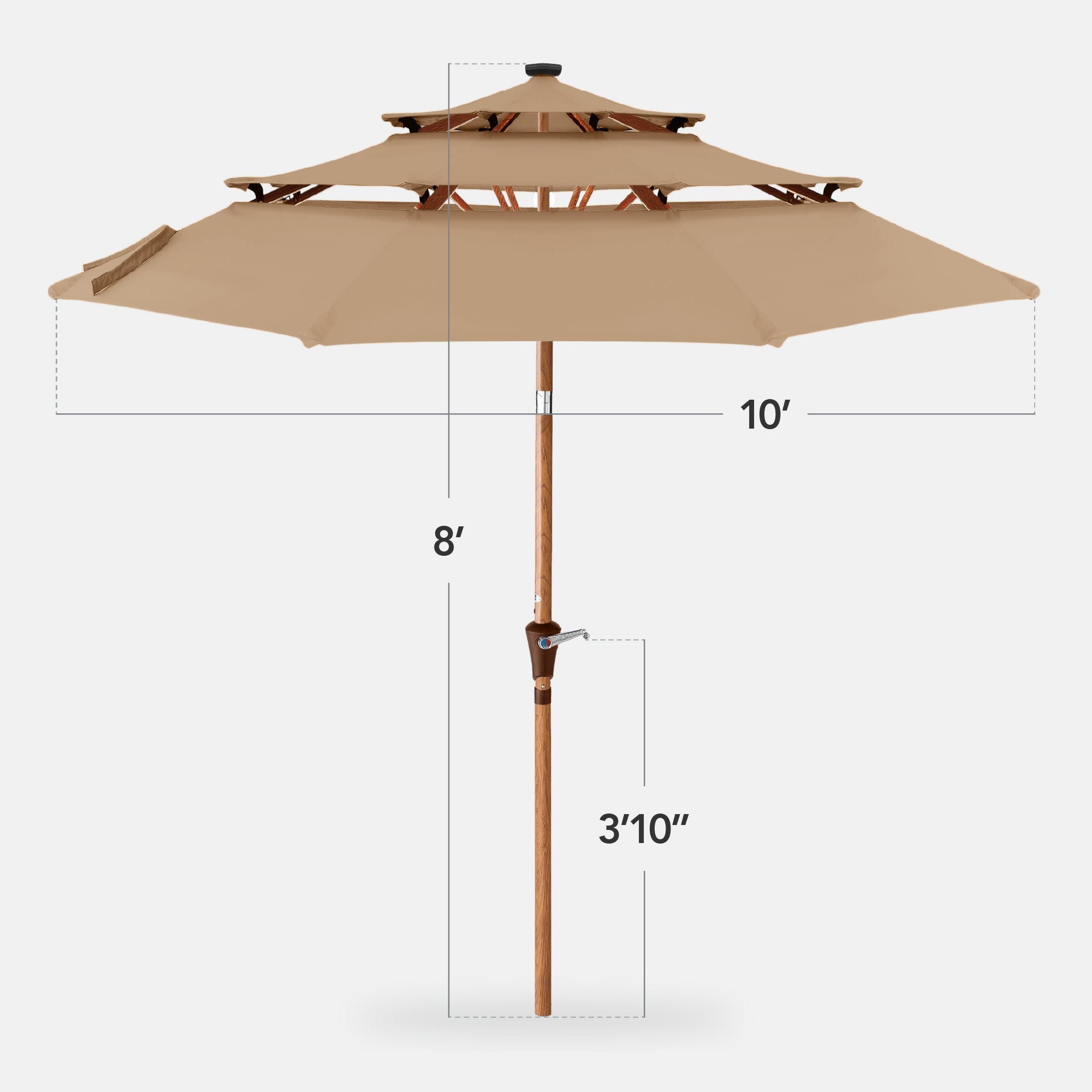 3-Tier Woodgrain Pattern Solar Patio Umbrella, Tilt Adjustment - 10ft