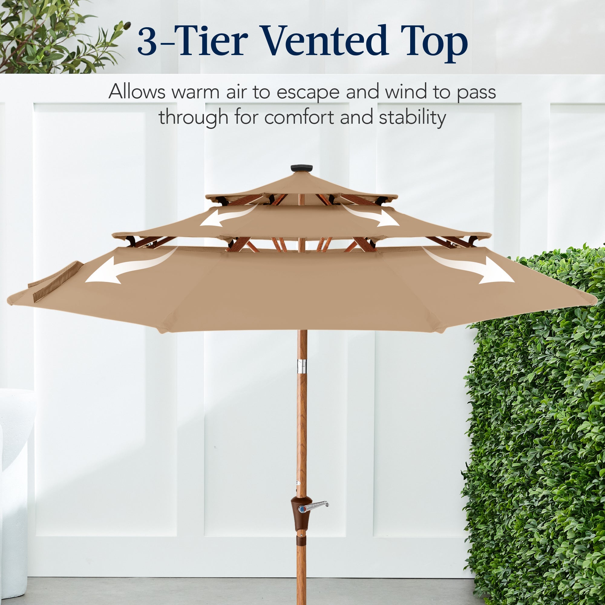 3-Tier Woodgrain Pattern Solar Patio Umbrella, Tilt Adjustment - 10ft