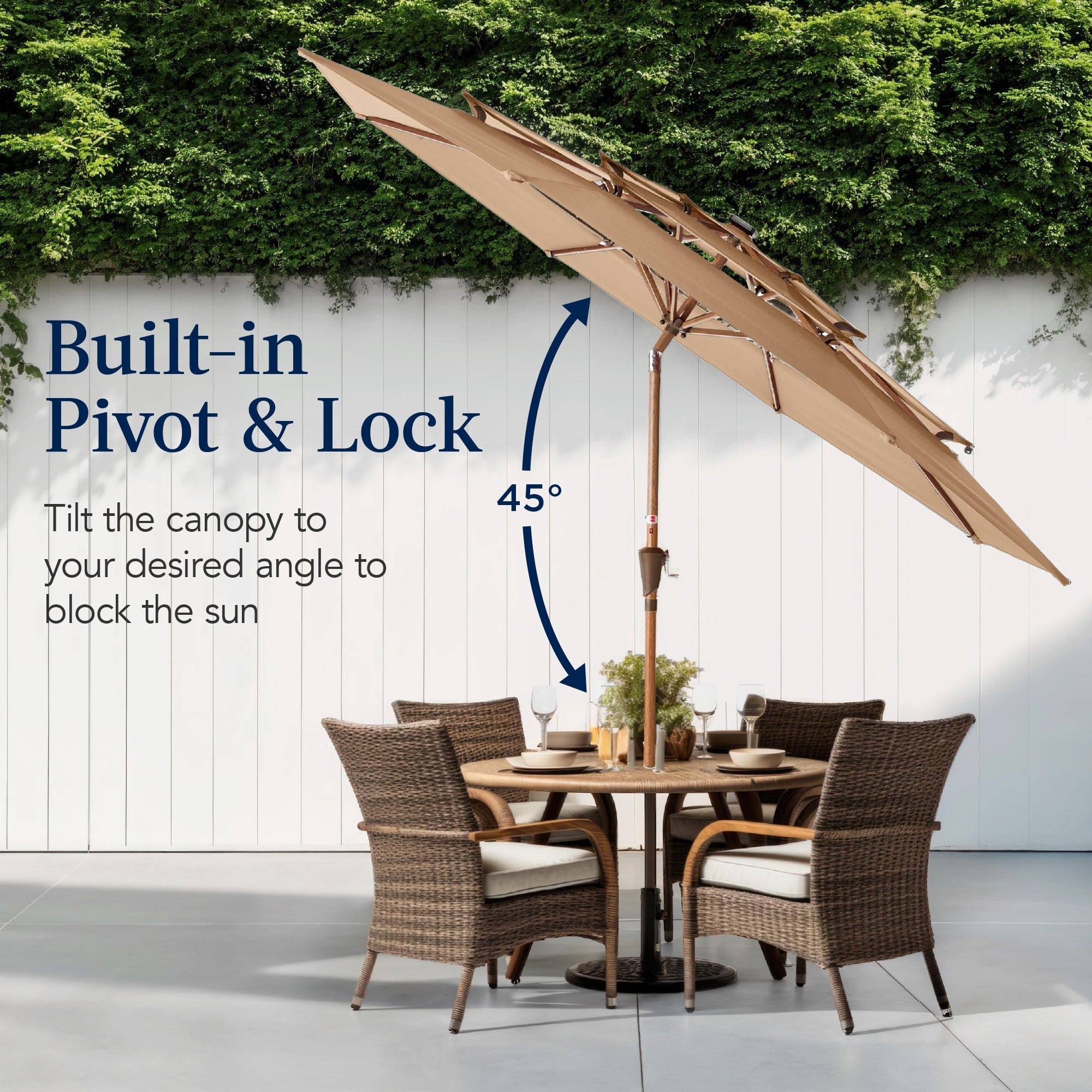 3-Tier Woodgrain Pattern Solar Patio Umbrella, Tilt Adjustment - 10ft