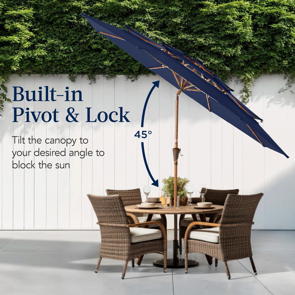 3-Tier Woodgrain Pattern Solar Patio Umbrella, Tilt Adjustment - 10ft