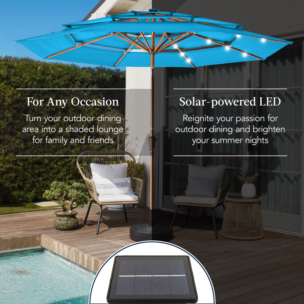 3-Tier Woodgrain Pattern Solar Patio Umbrella, Tilt Adjustment - 10ft