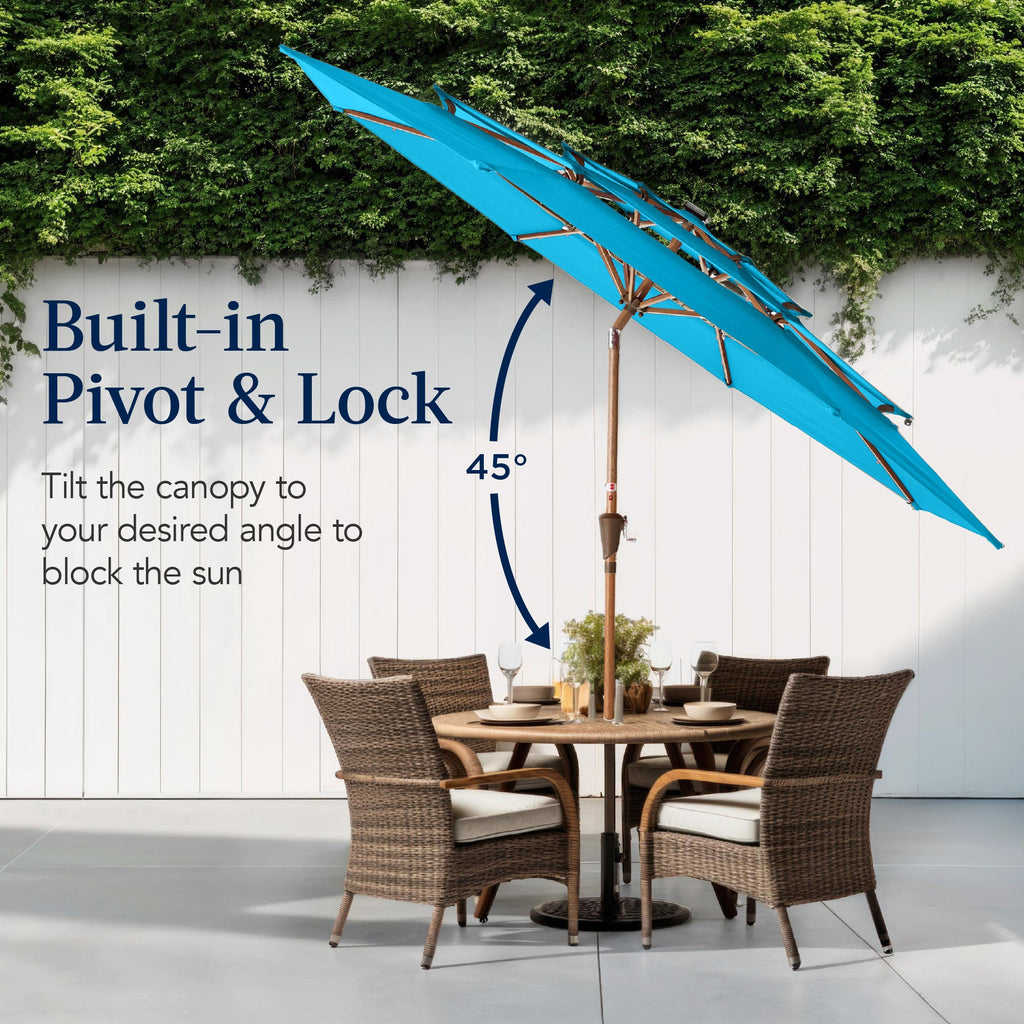 3-Tier Woodgrain Pattern Solar Patio Umbrella, Tilt Adjustment - 10ft