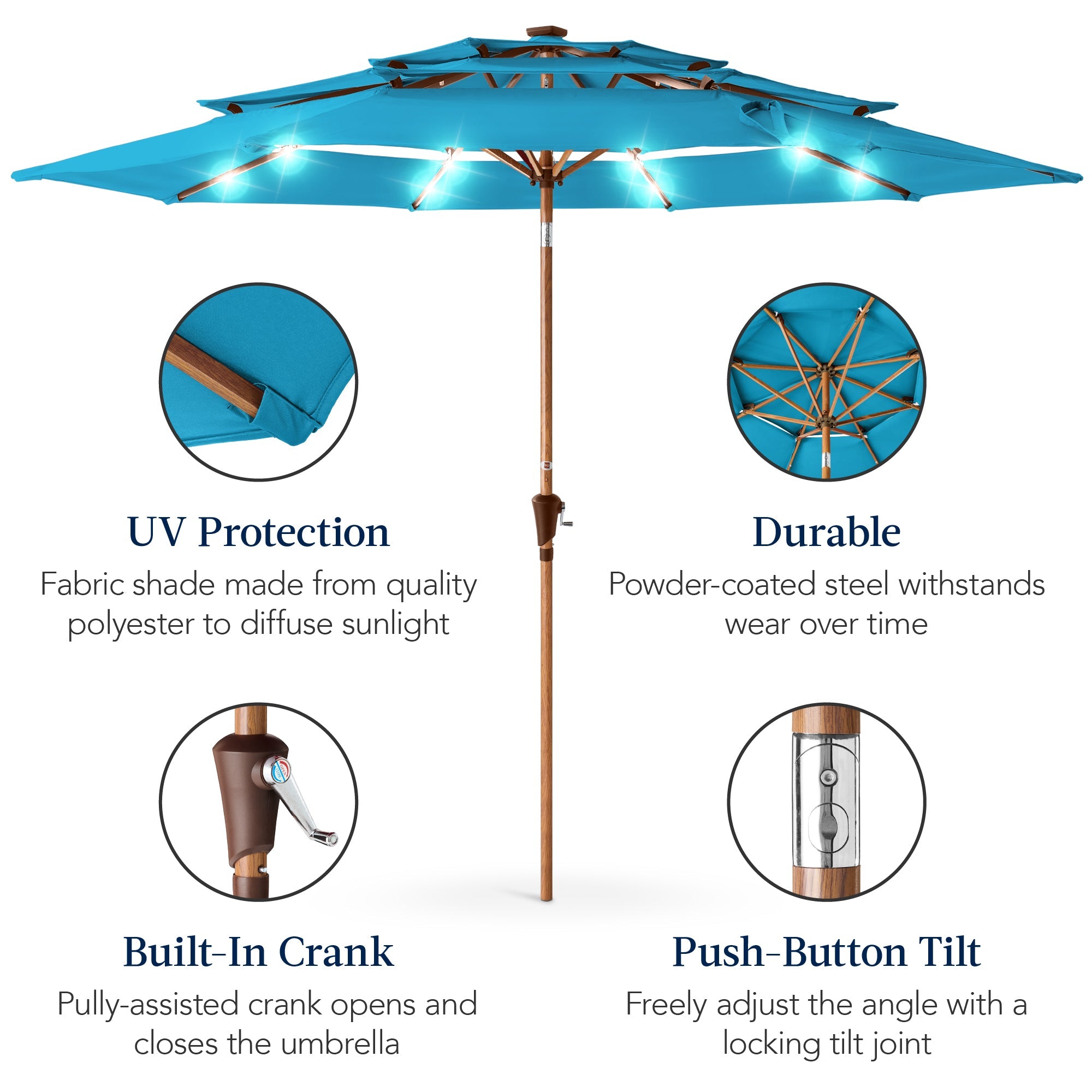 3-Tier Woodgrain Pattern Solar Patio Umbrella, Tilt Adjustment - 10ft