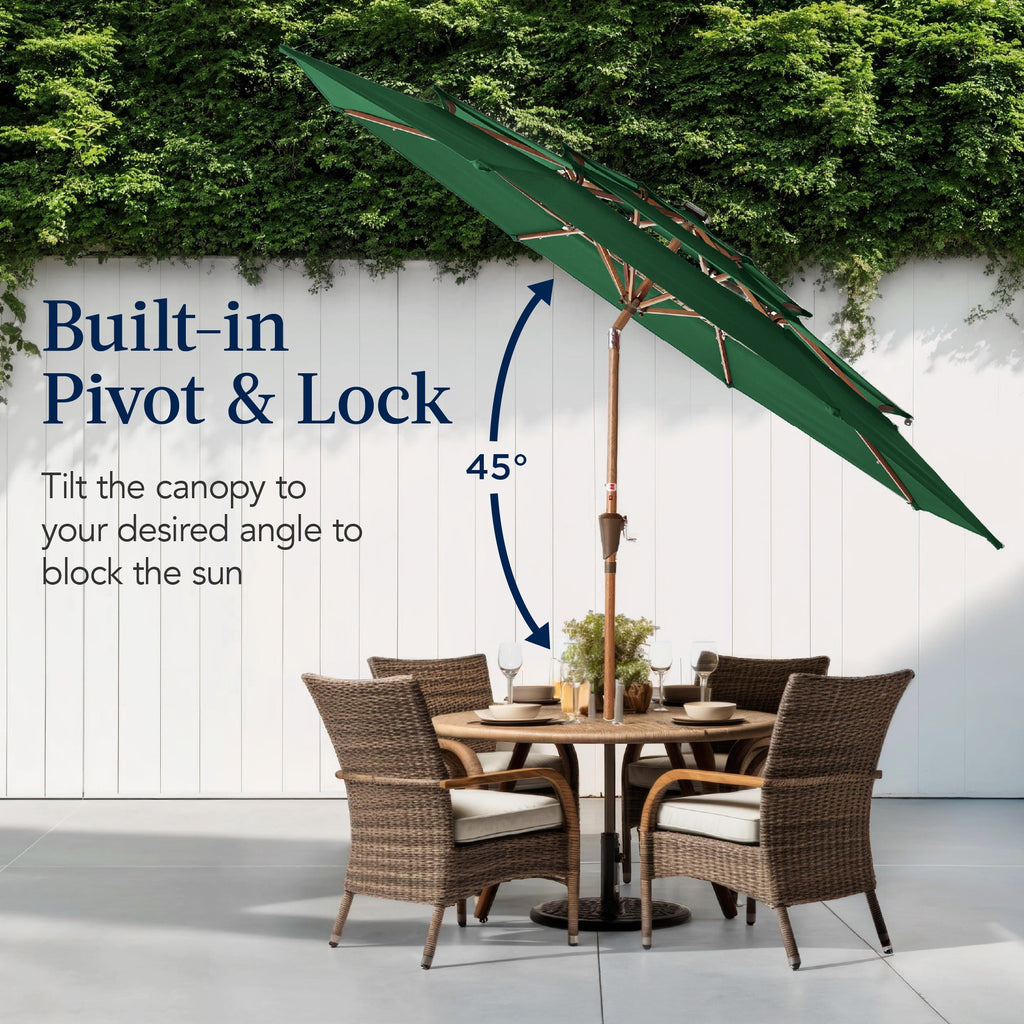 3-Tier Woodgrain Pattern Solar Patio Umbrella, Tilt Adjustment - 10ft