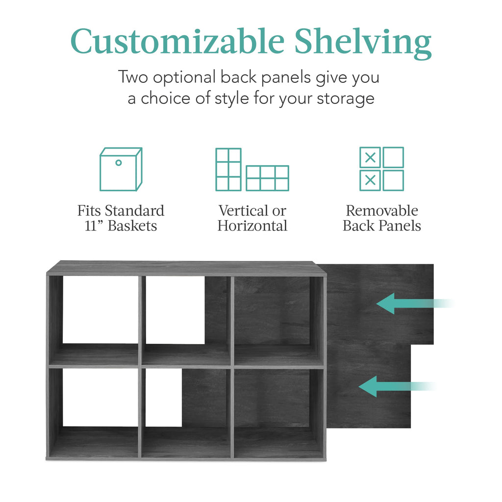 6-Cube Bookshelf, 11in Storage Display w/ Removable Panels, Customizable
