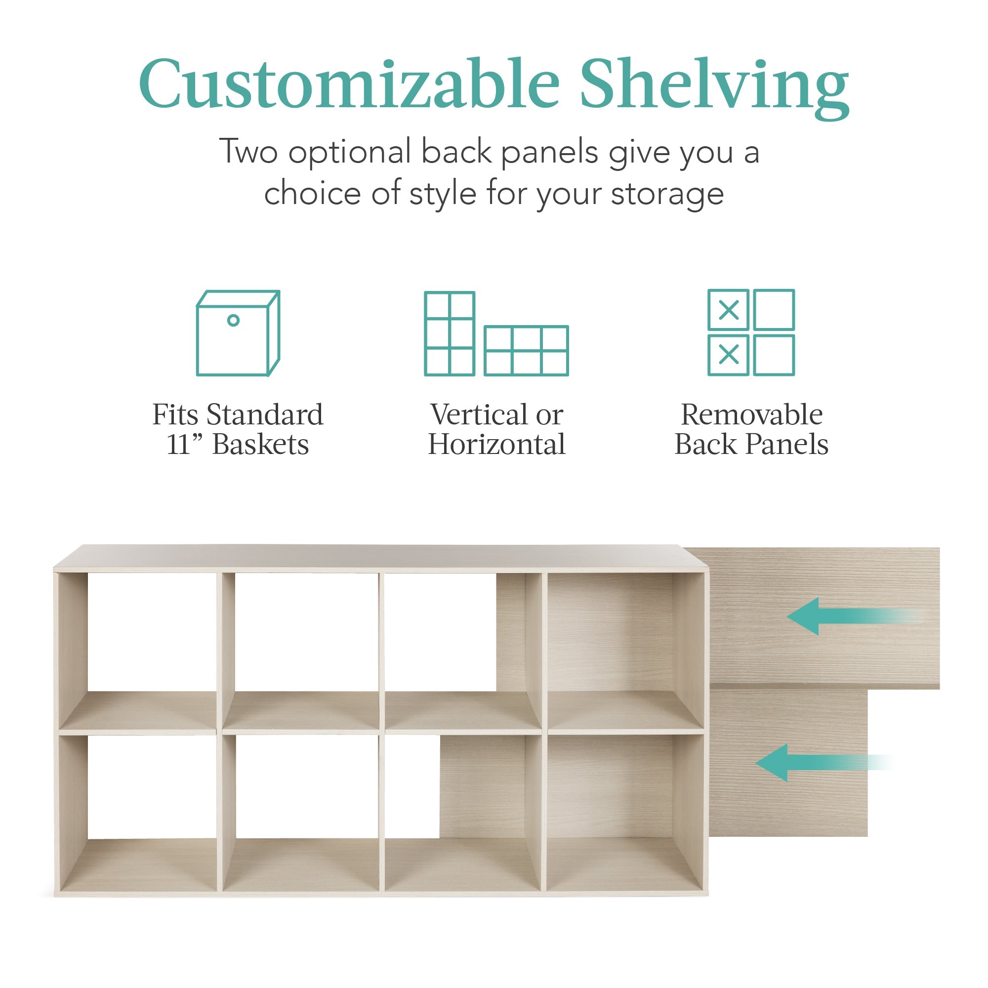 8-Cube Bookshelf, 11in Storage Display w/ Removable Panels, Customizable