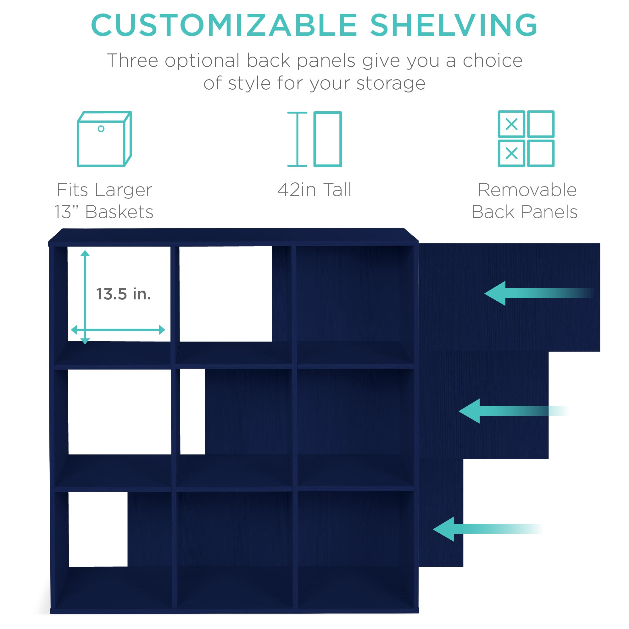 9-Cube Bookshelf, 13.5in Storage Display w/ Removable Panels, Customizable
