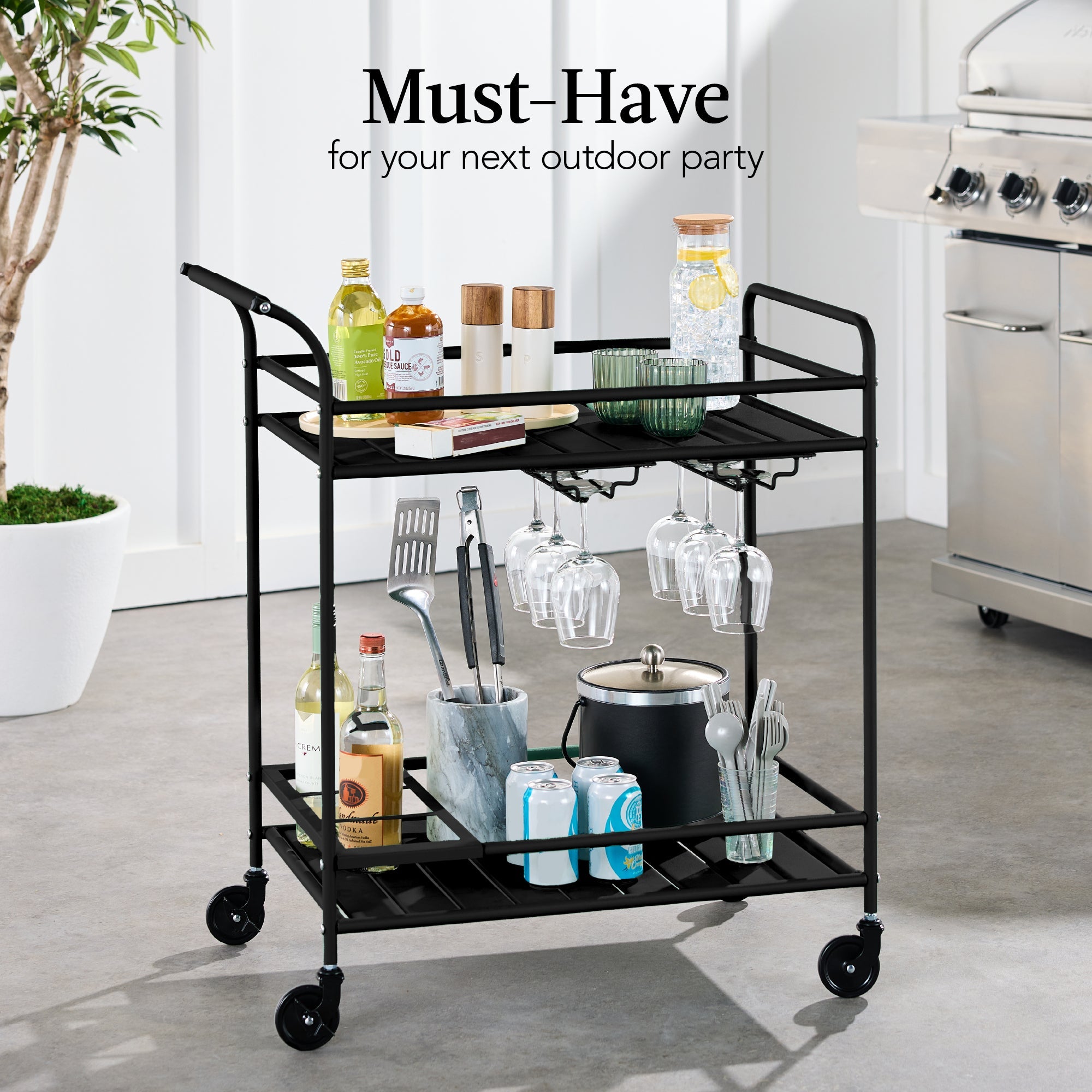 2-Tier Rolling Bar Cart Indoor/Outdoor w/ Shelves, Wine Rack, Locking Wheels
