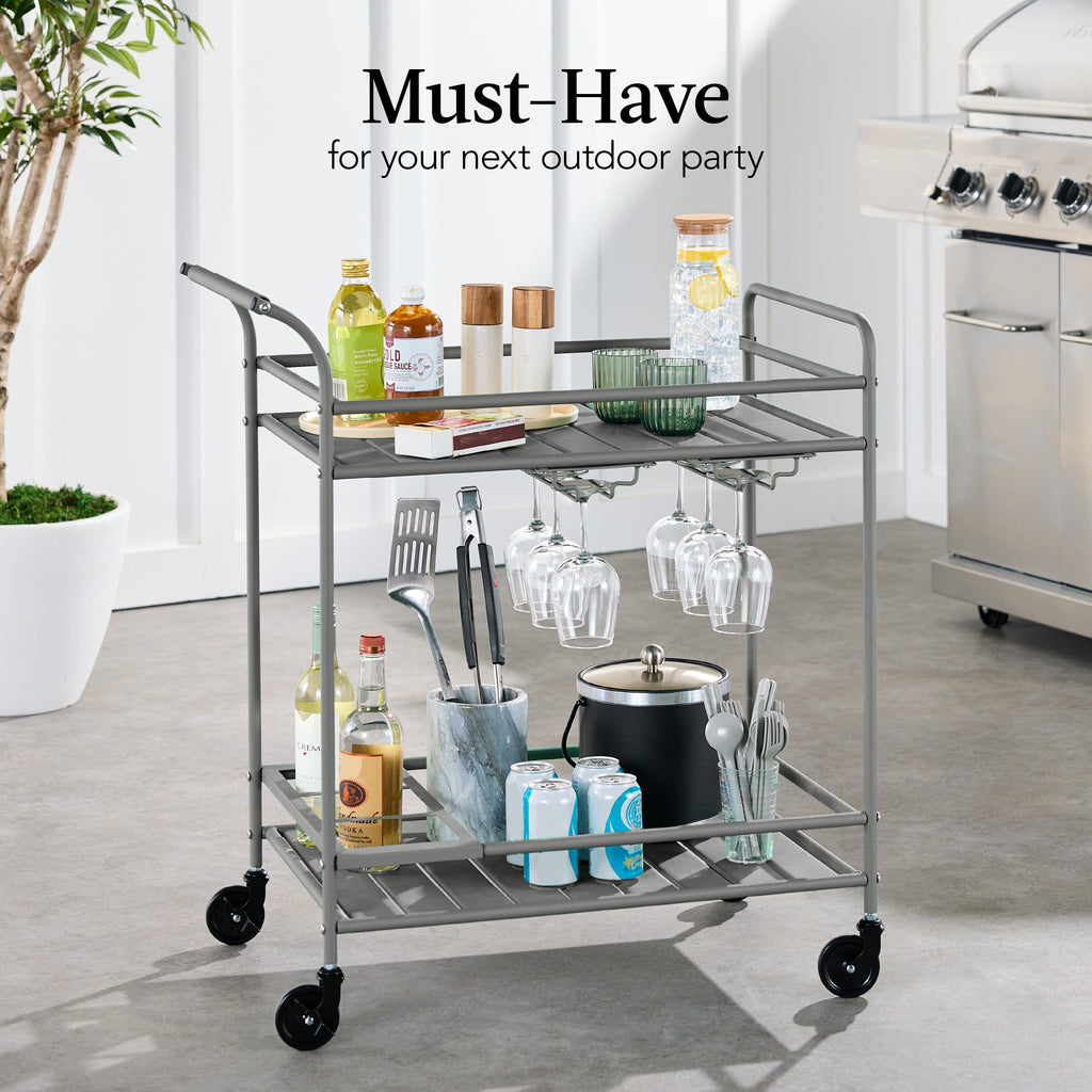 2-Tier Rolling Bar Cart Indoor/Outdoor w/ Shelves, Wine Rack, Locking Wheels