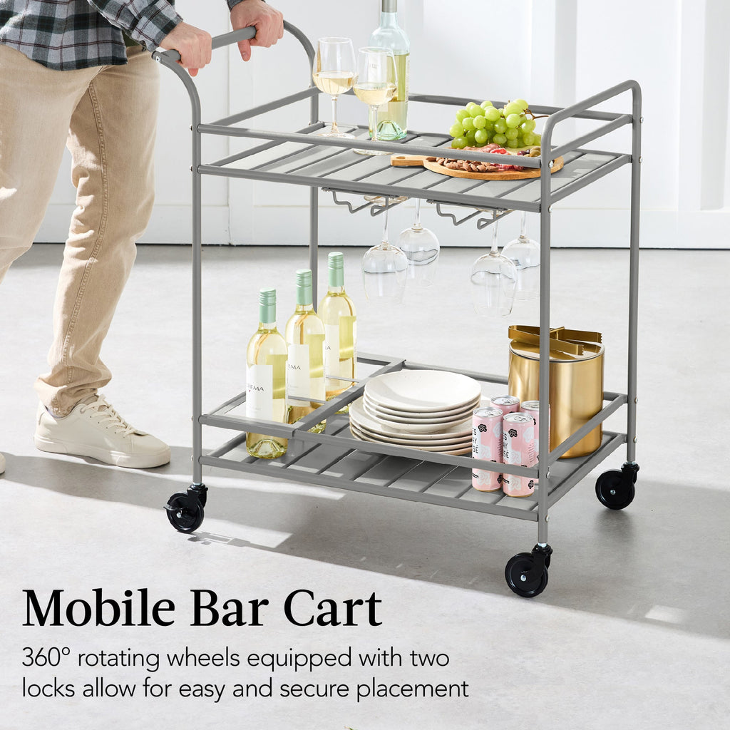 2-Tier Rolling Bar Cart Indoor/Outdoor w/ Shelves, Wine Rack, Locking Wheels