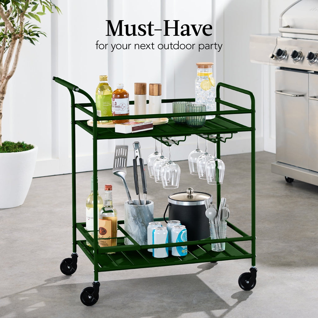 2-Tier Rolling Bar Cart Indoor/Outdoor w/ Shelves, Wine Rack, Locking Wheels