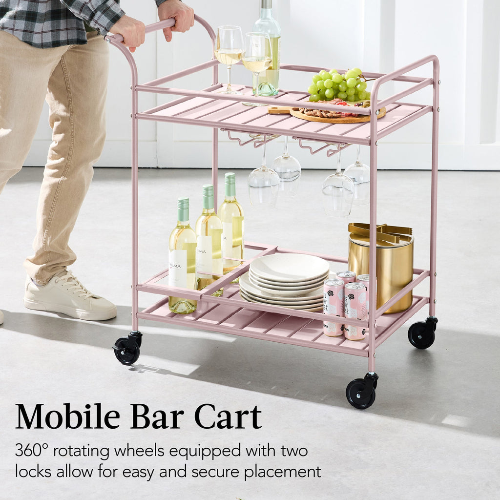 2-Tier Rolling Bar Cart Indoor/Outdoor w/ Shelves, Wine Rack, Locking Wheels