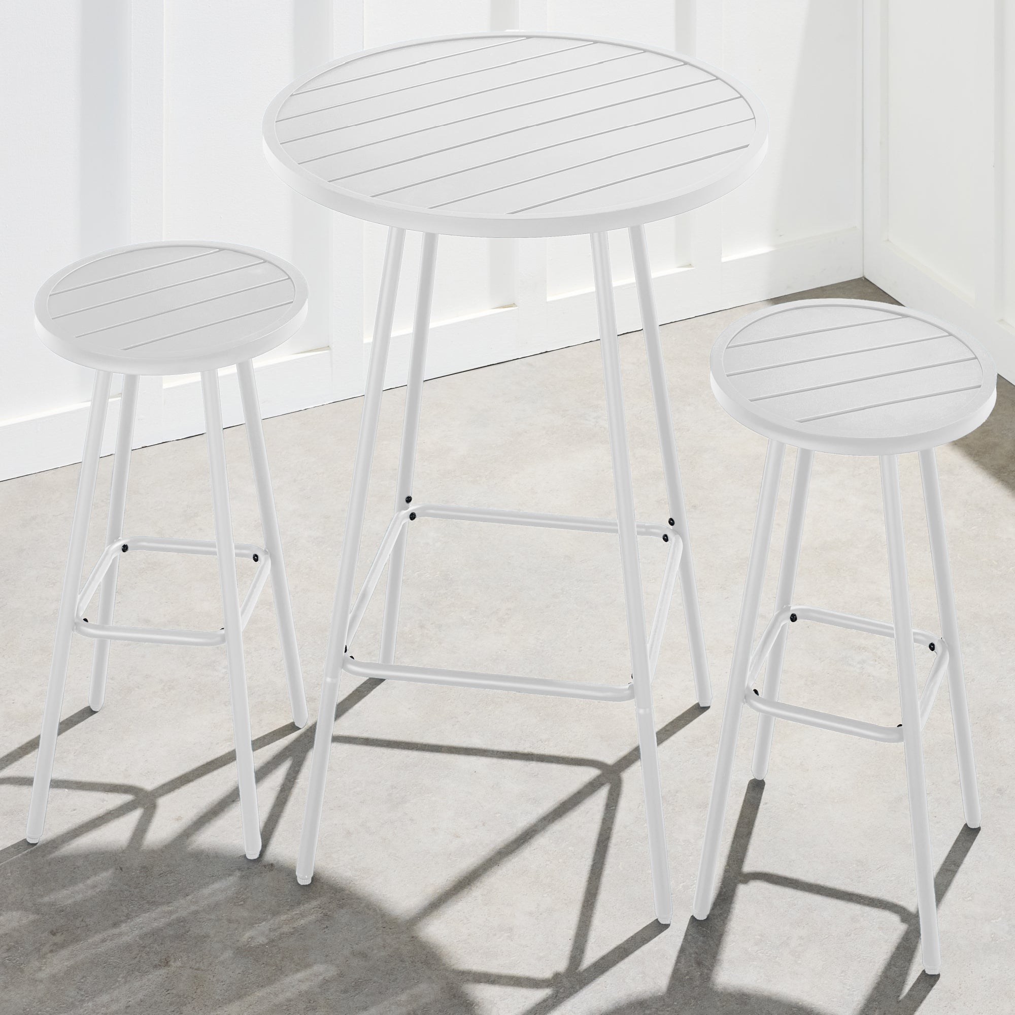 3-Piece Patio Bar Height Bistro Set w/ Backless Stools, Slatted Design