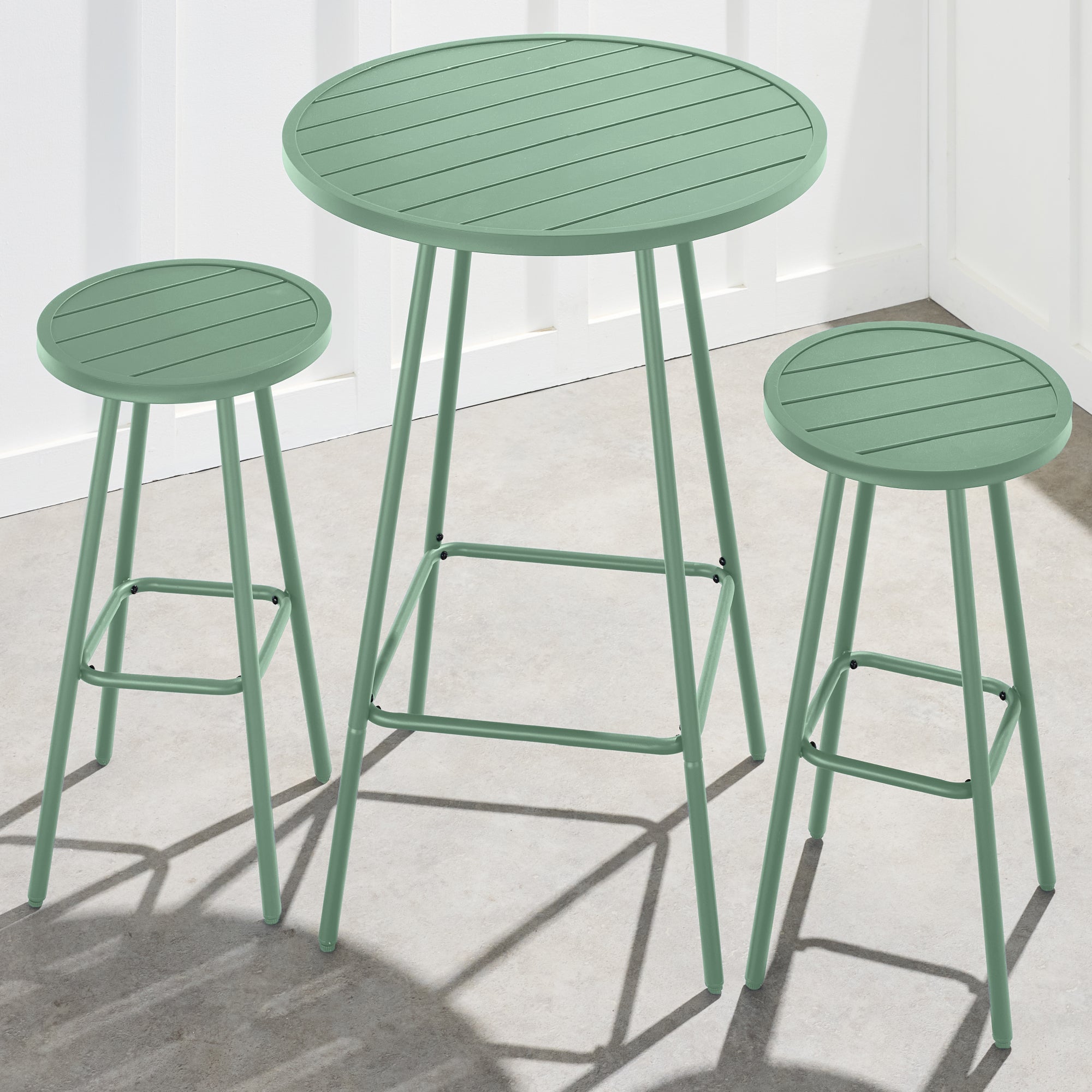 3-Piece Patio Bar Height Bistro Set w/ Backless Stools, Slatted Design