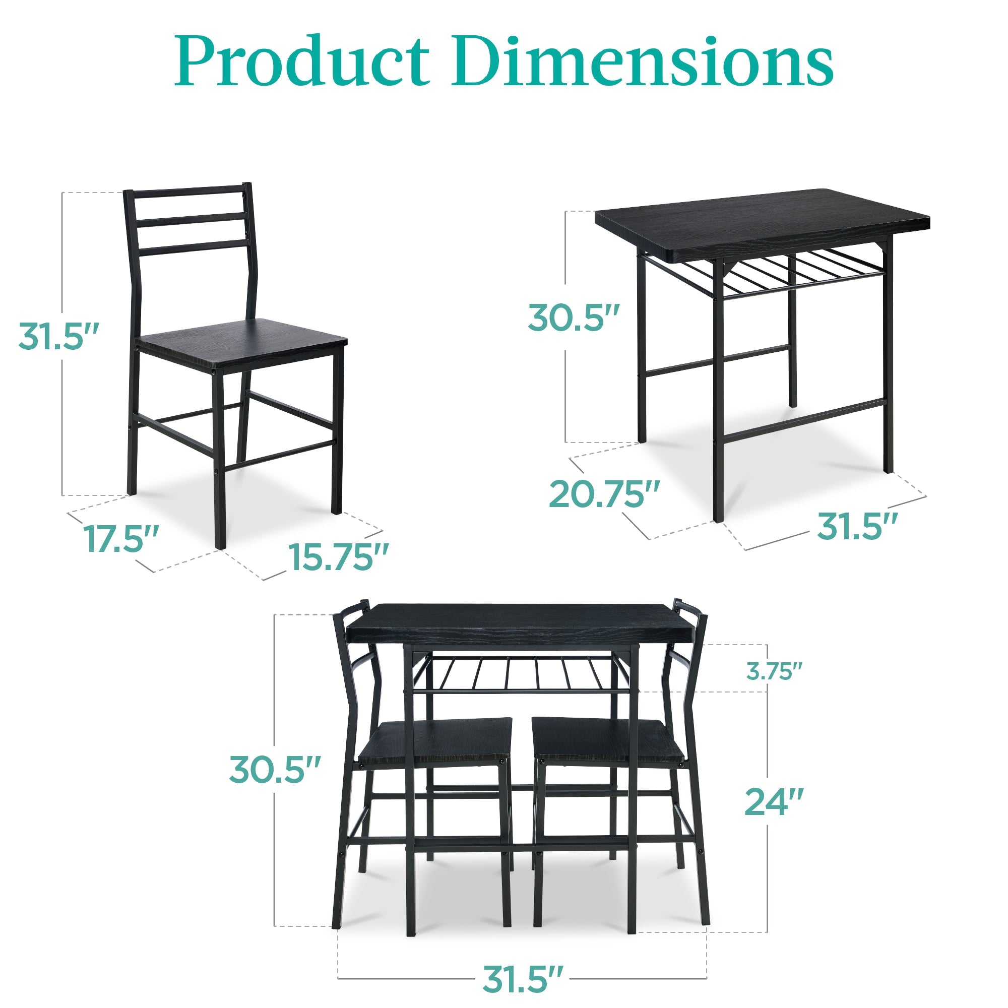 3-Piece Modern Square Dining Set w/ Storage Rack