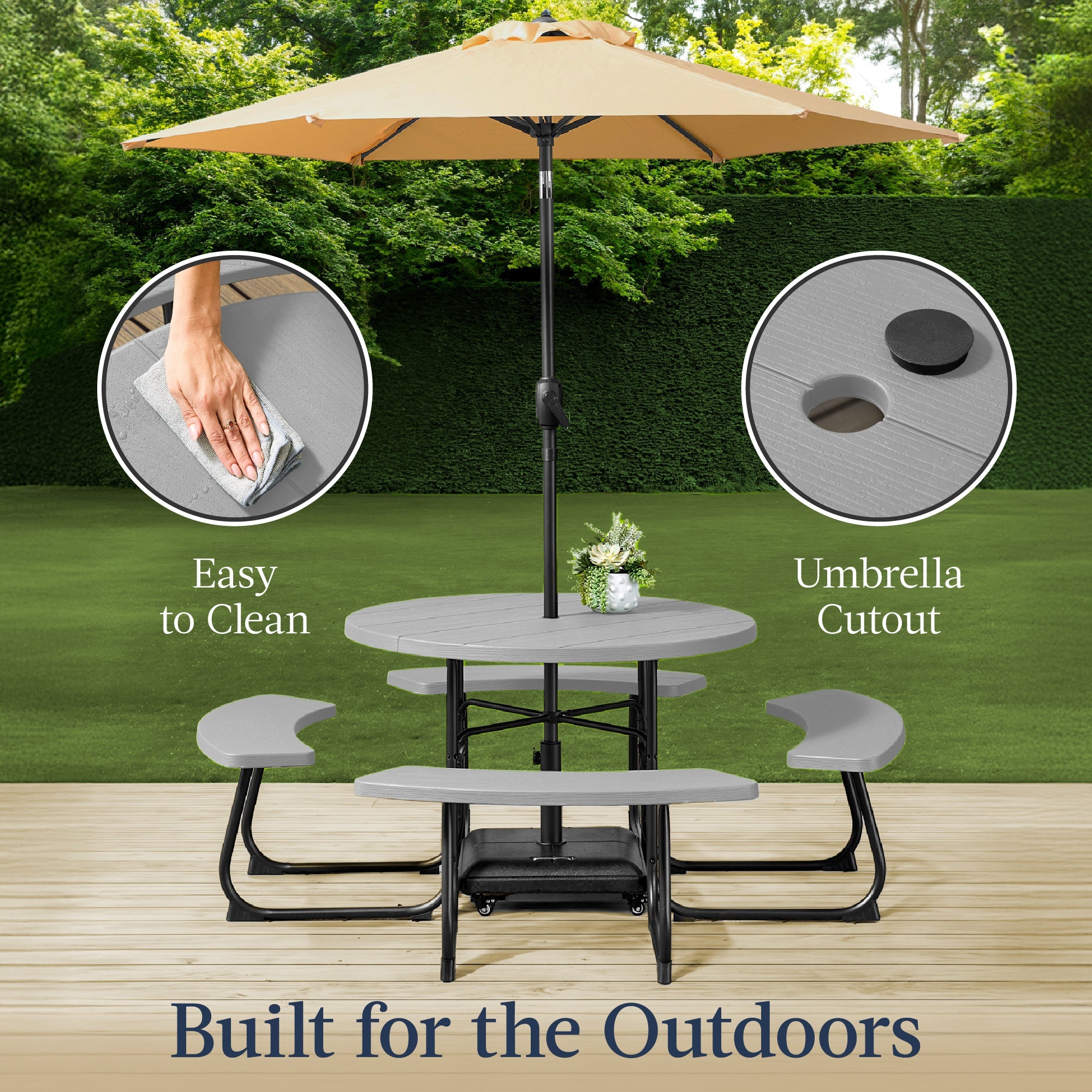8-Person Circular Picnic Table w/ Umbrella Hole, 4 Benches