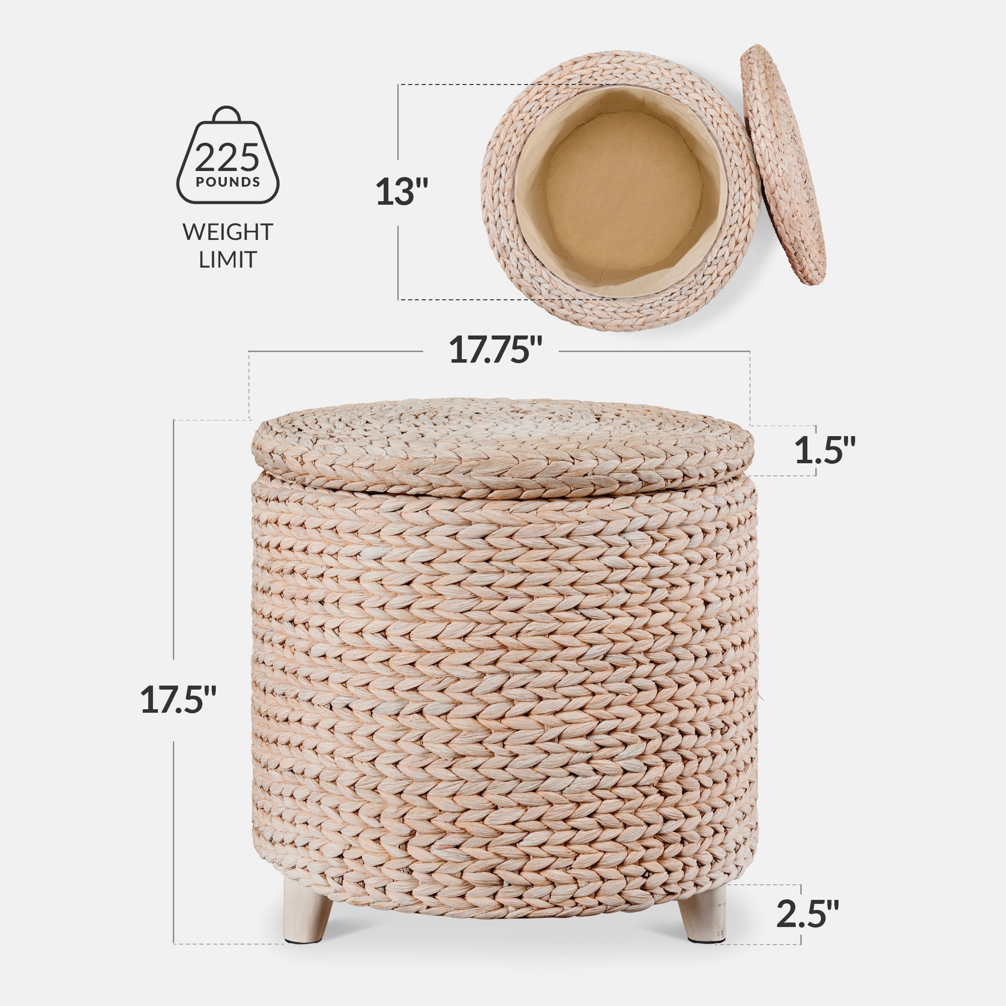 17" Round Storage Ottoman with Lid, Handwoven Water Hyacinth Footstool