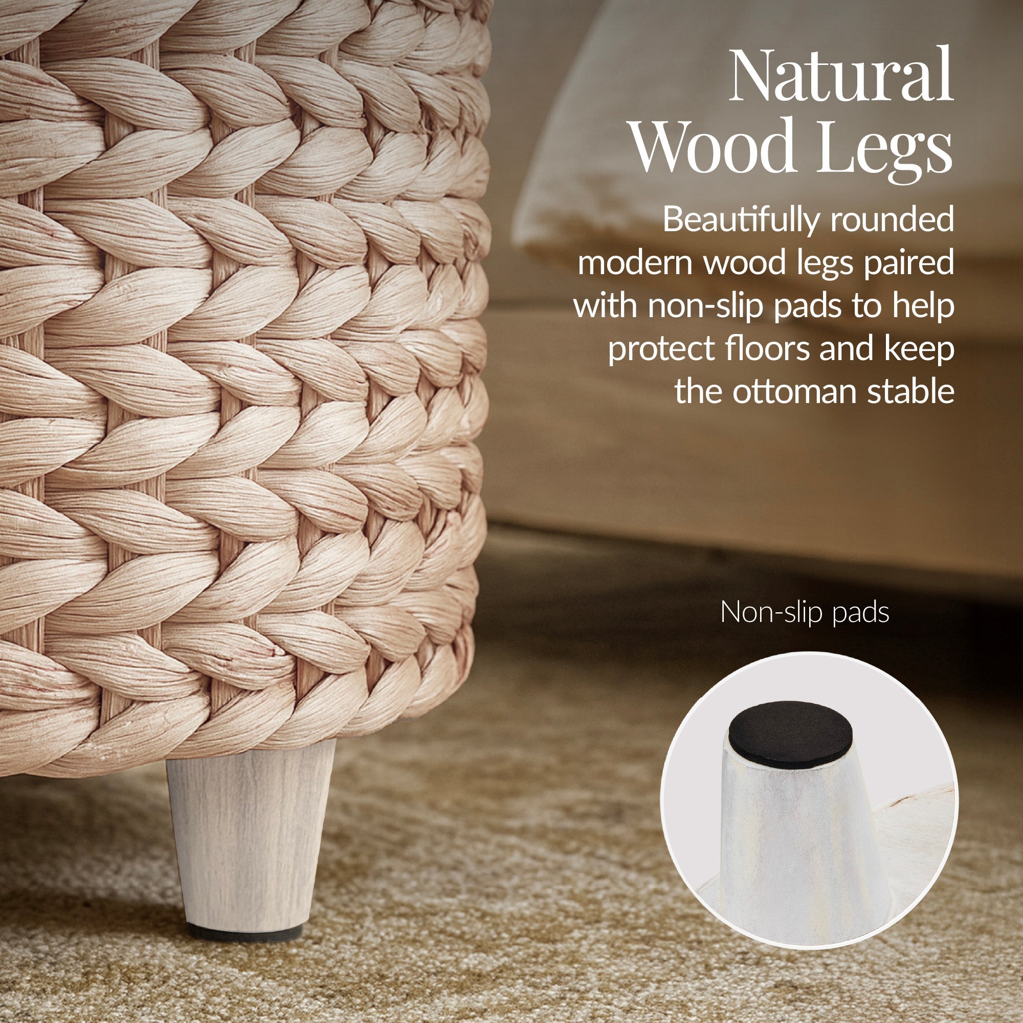 17" Round Storage Ottoman with Lid, Handwoven Water Hyacinth Footstool