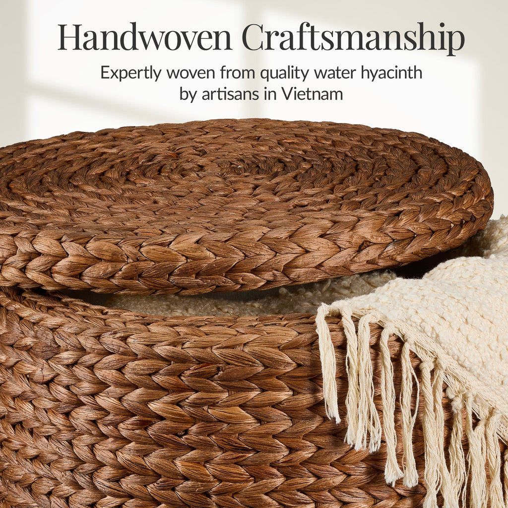 17" Round Storage Ottoman with Lid, Handwoven Water Hyacinth Footstool