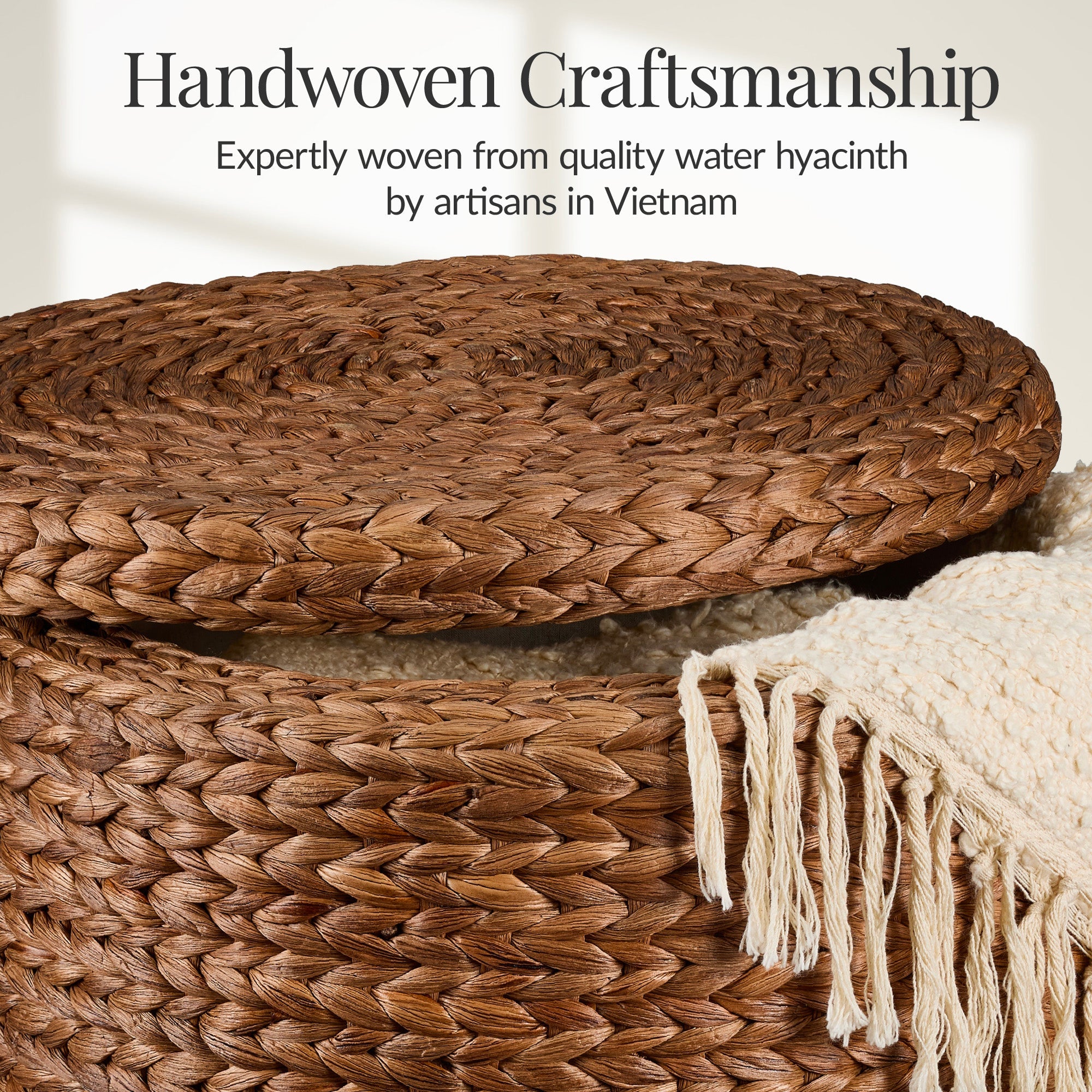 17" Round Storage Ottoman with Lid, Handwoven Water Hyacinth Footstool