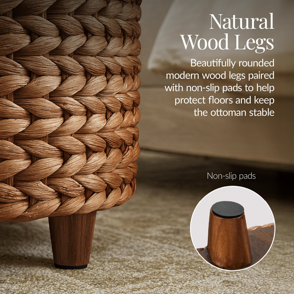 17" Round Storage Ottoman with Lid, Handwoven Water Hyacinth Footstool