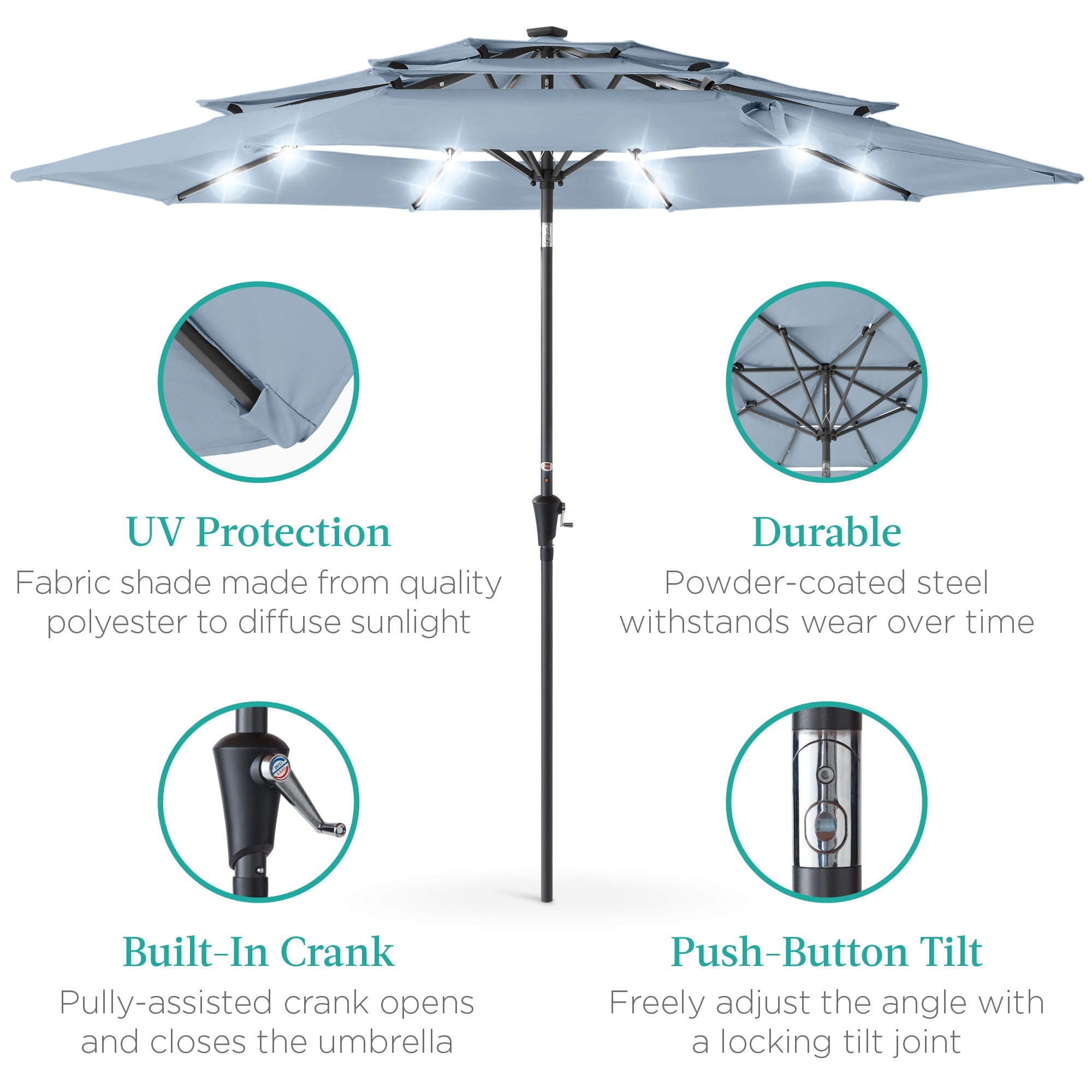 3-Tier Solar Patio Umbrella w/ LED Lights, Tilt Adjustment, Crank - 10ft