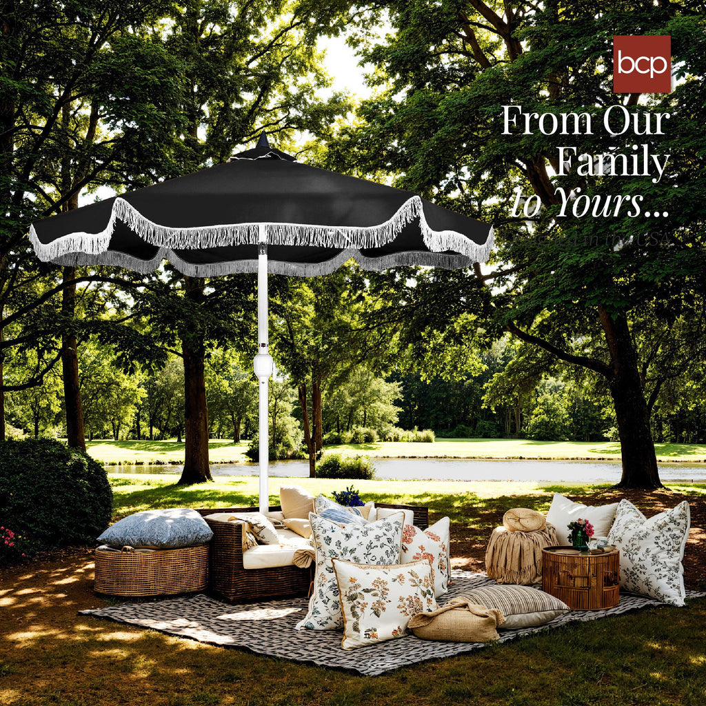 9ft Boho Fringe Umbrella  Tilt, UPF50+, Steel Pole