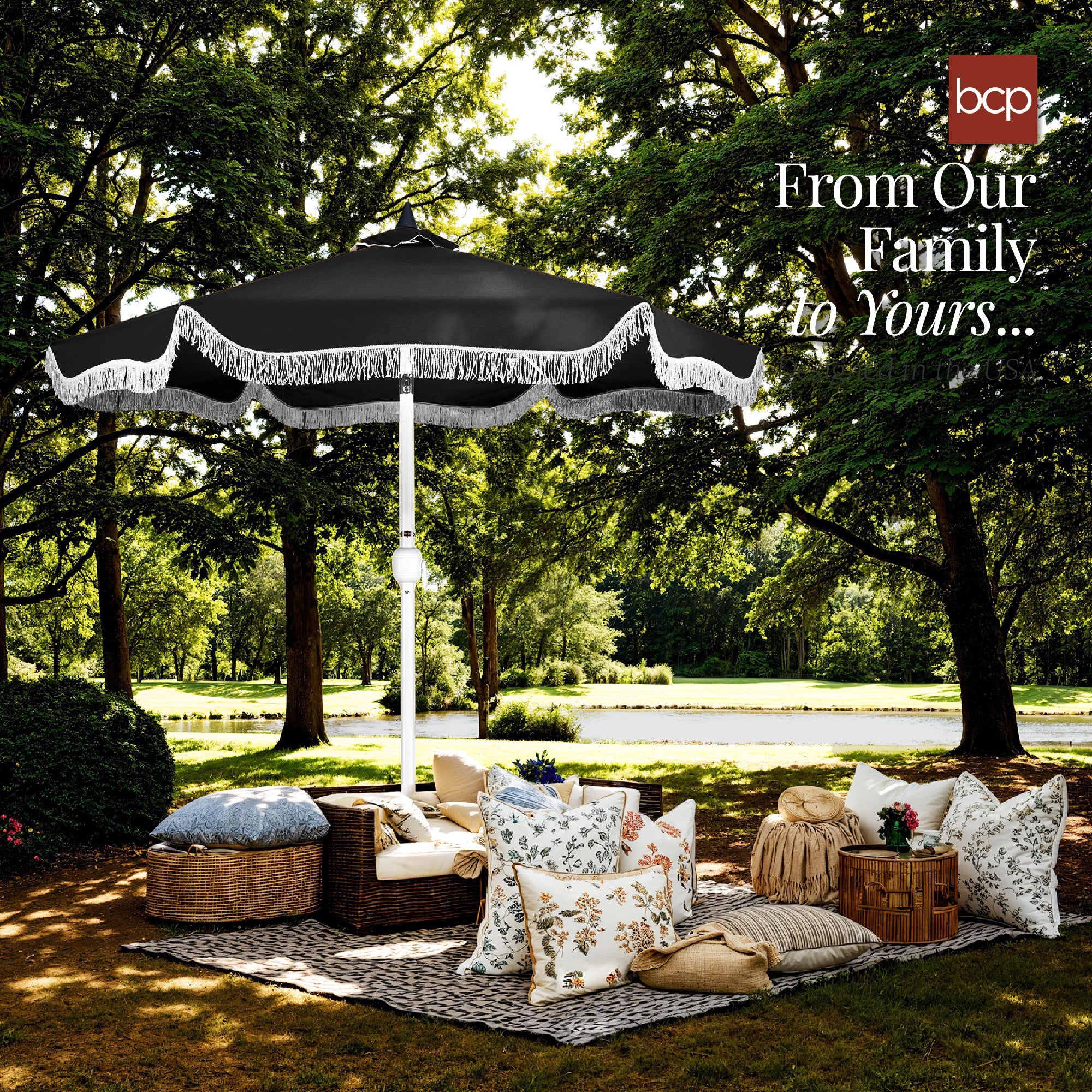 9ft Boho Fringe Umbrella  Tilt, UPF50+, Steel Pole